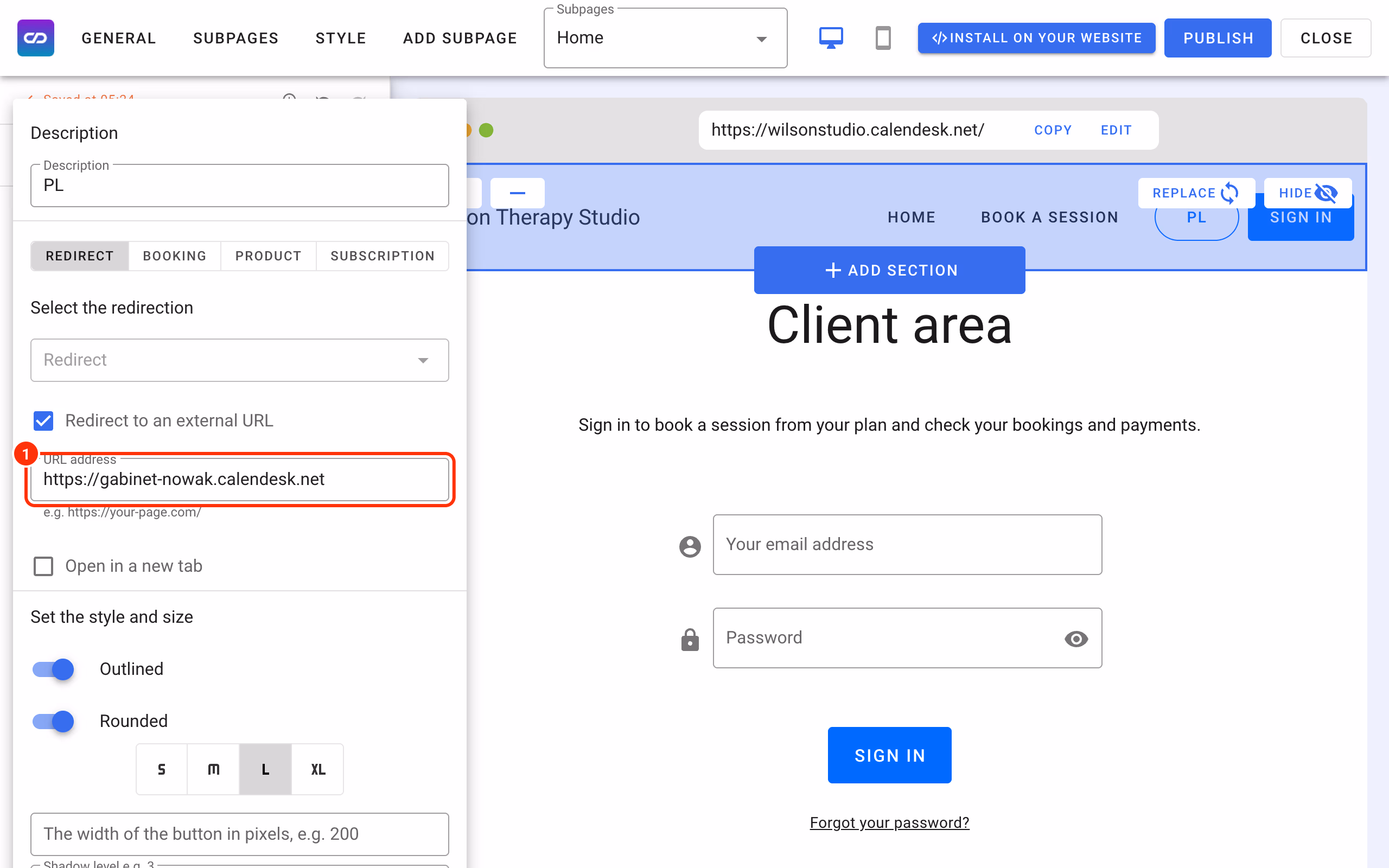 URL address of the other language version in the button window (1).