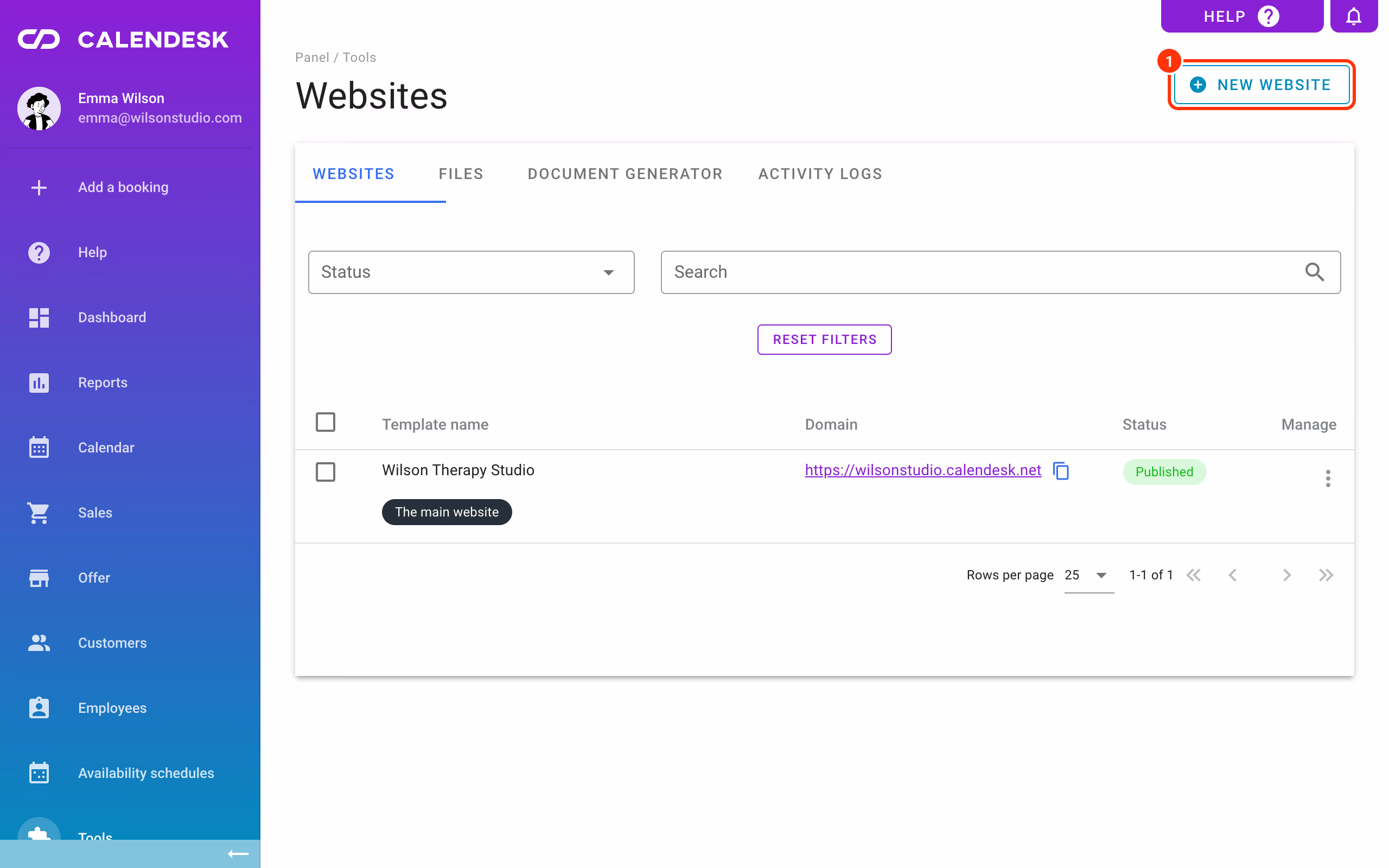 The New website button in Tools – Websites (1).