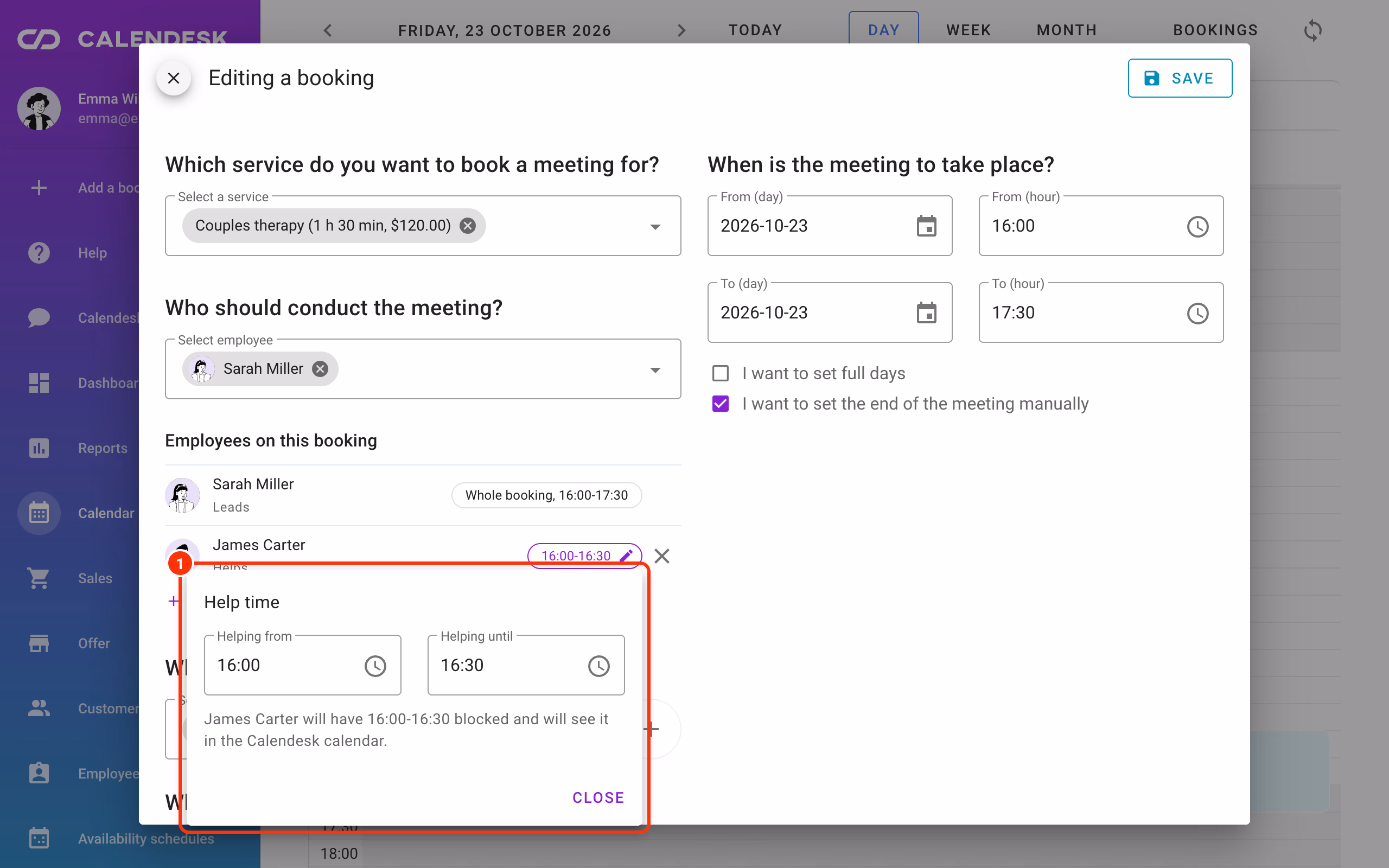 The Help time popup with Helping from and Helping until.