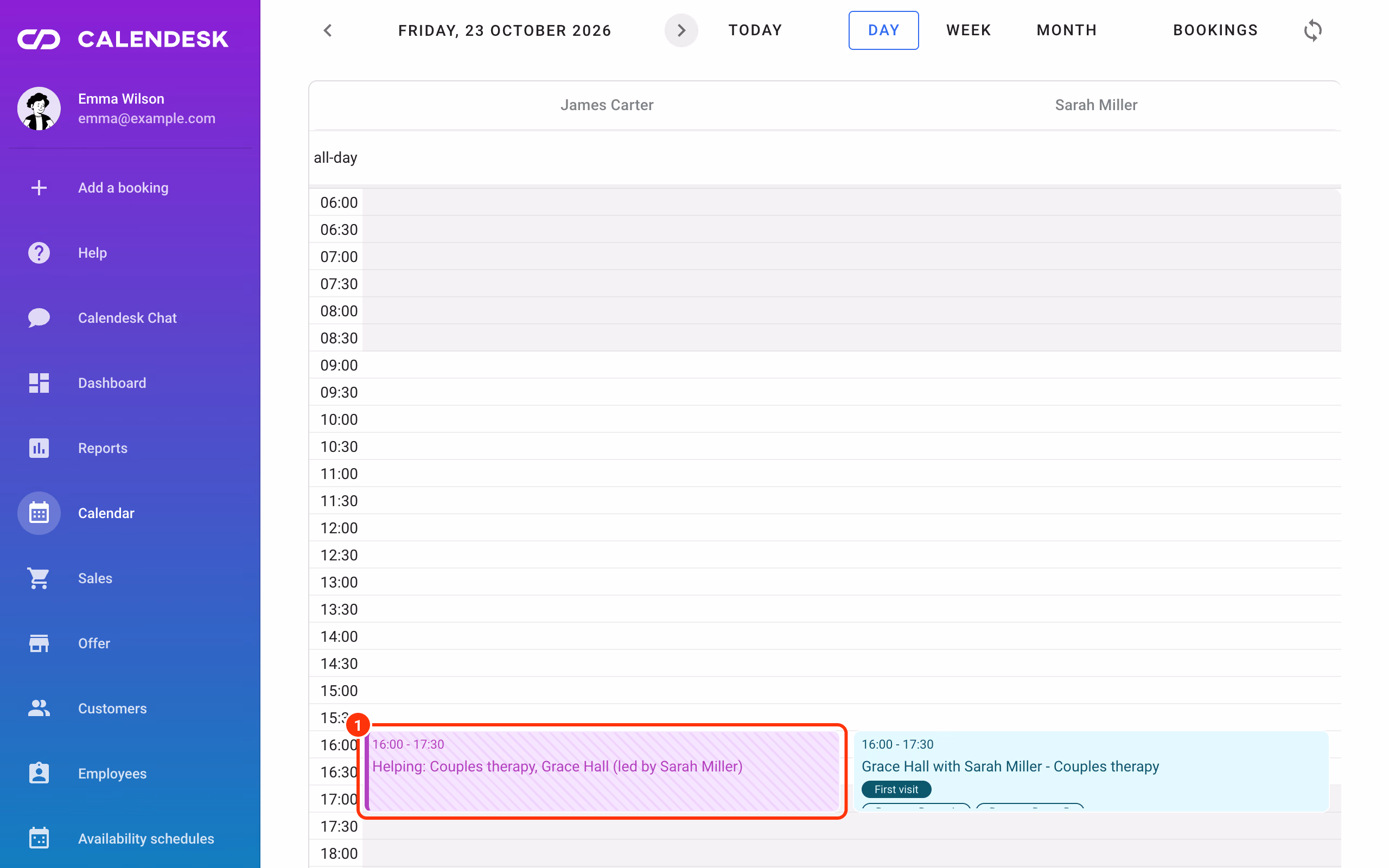The Helping tile in the assisting employee's calendar.