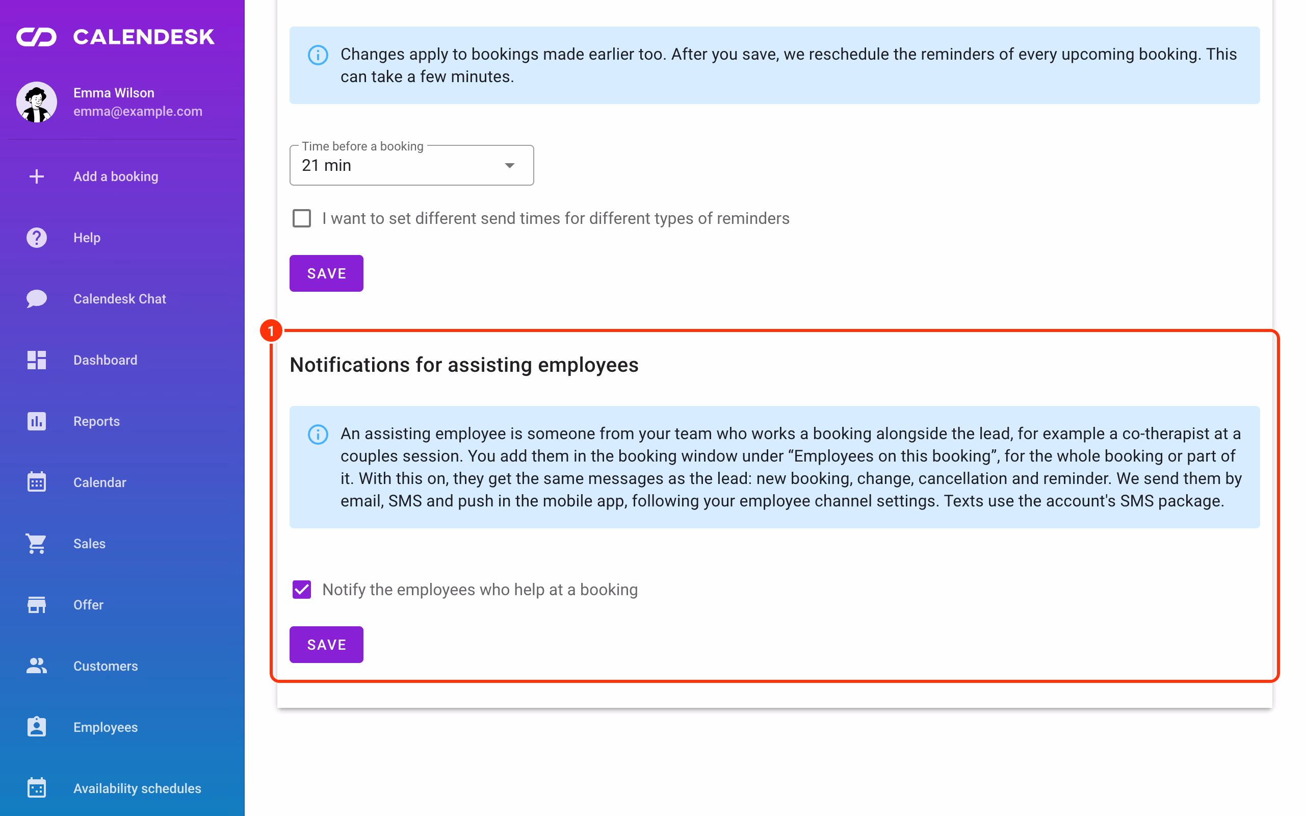 Notification settings for assisting employees.