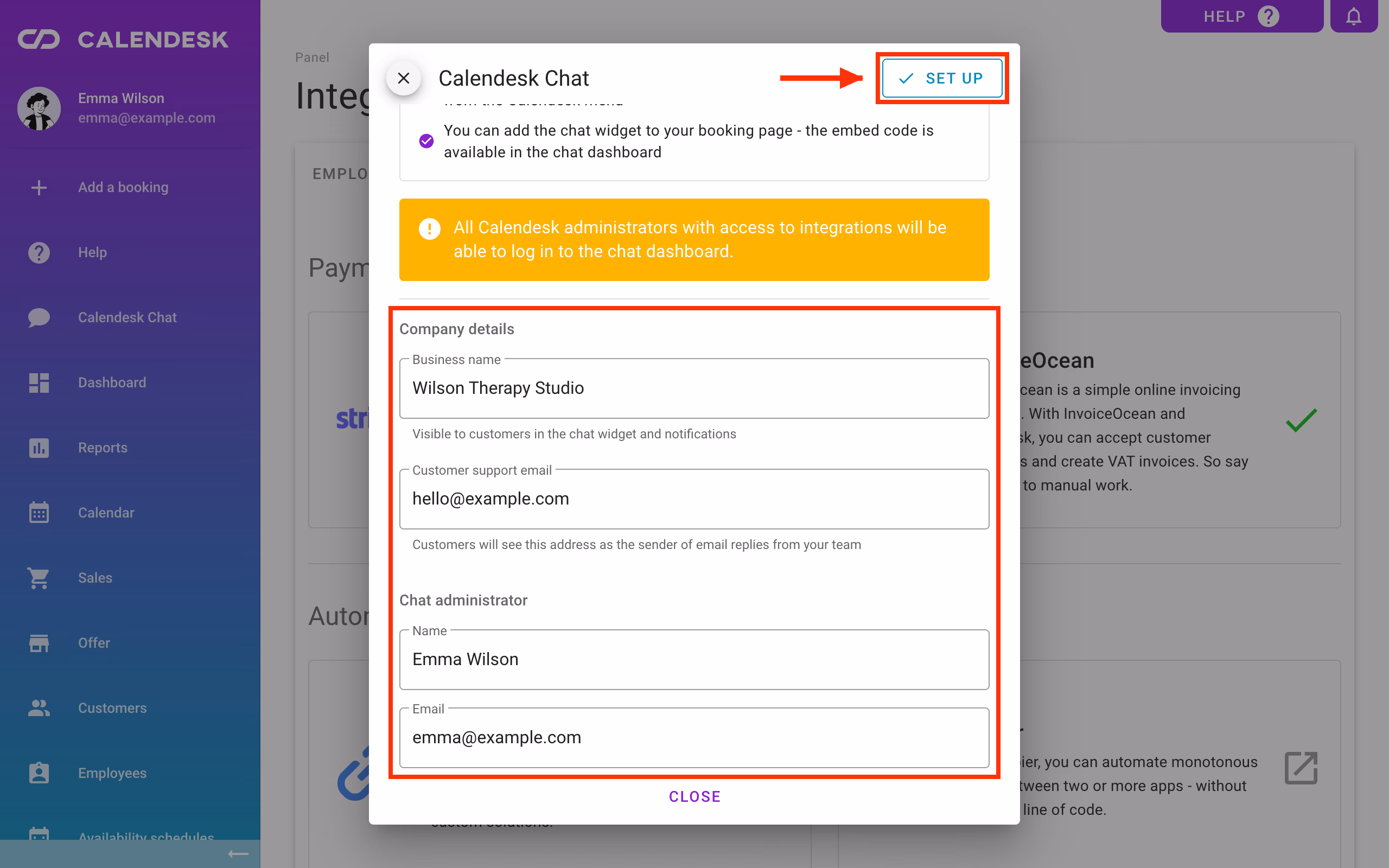 The Calendesk Chat setup window in the panel.