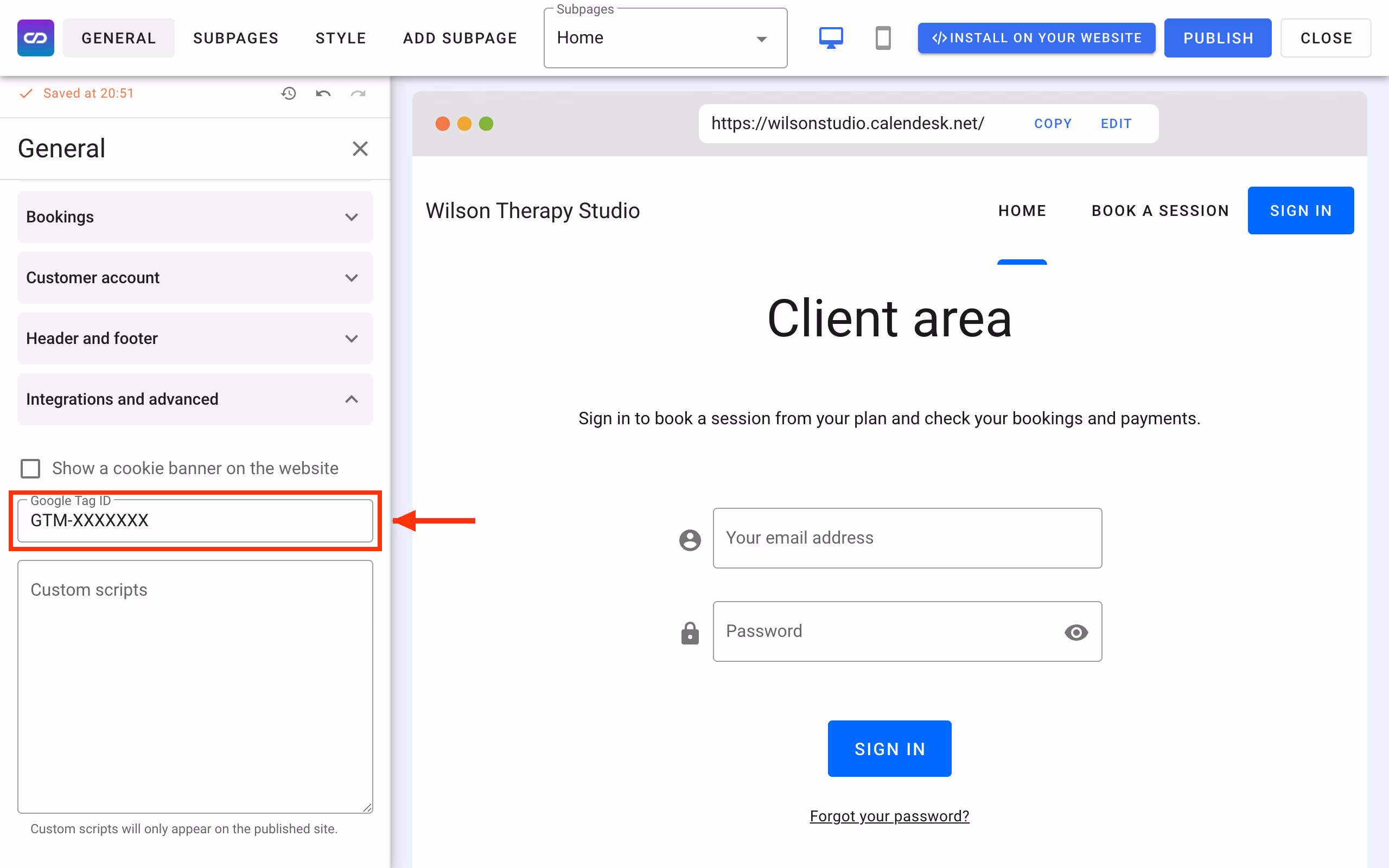 Website builder: the Google Tag ID field.