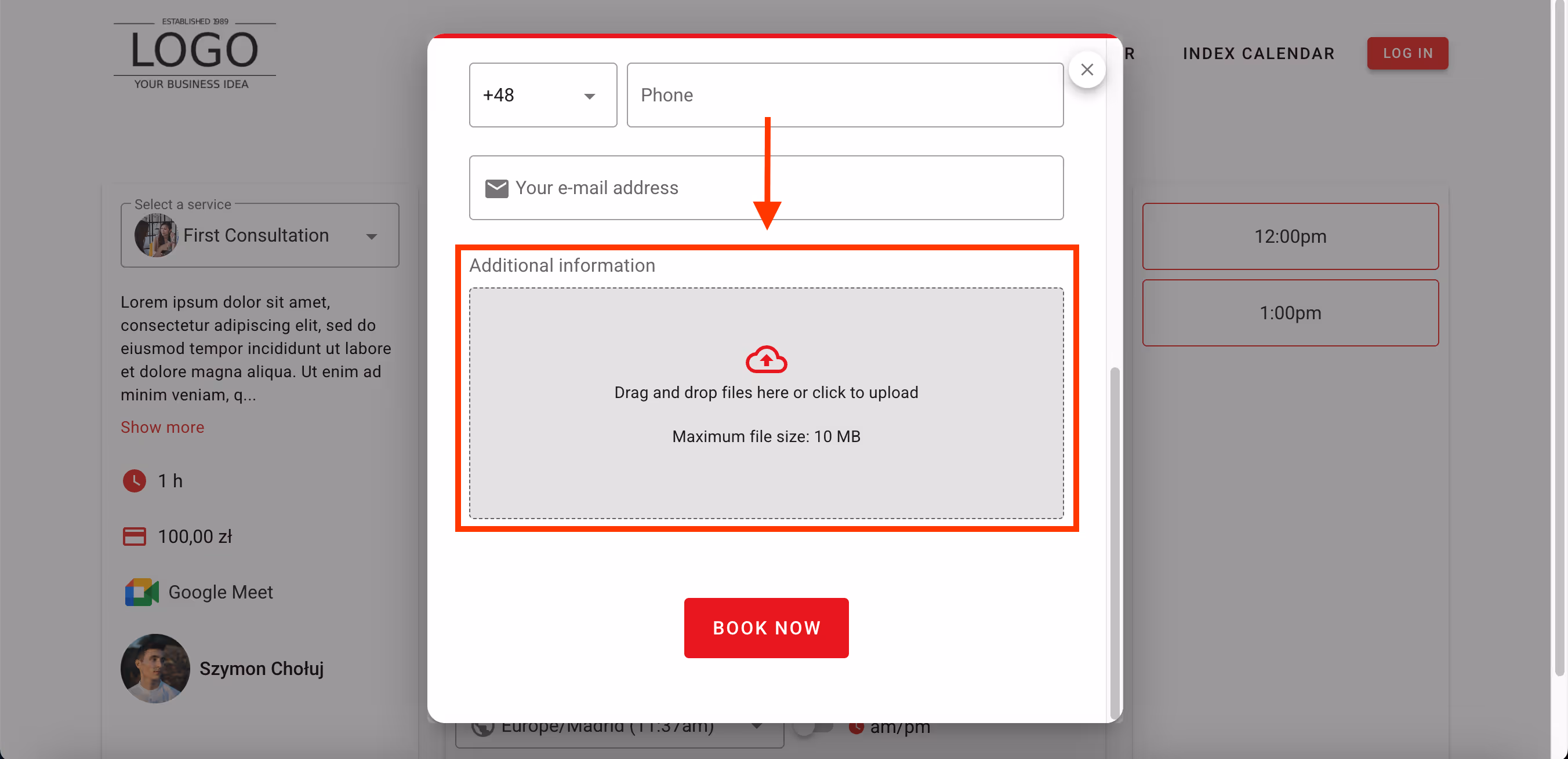 Attachment field in the booking form.