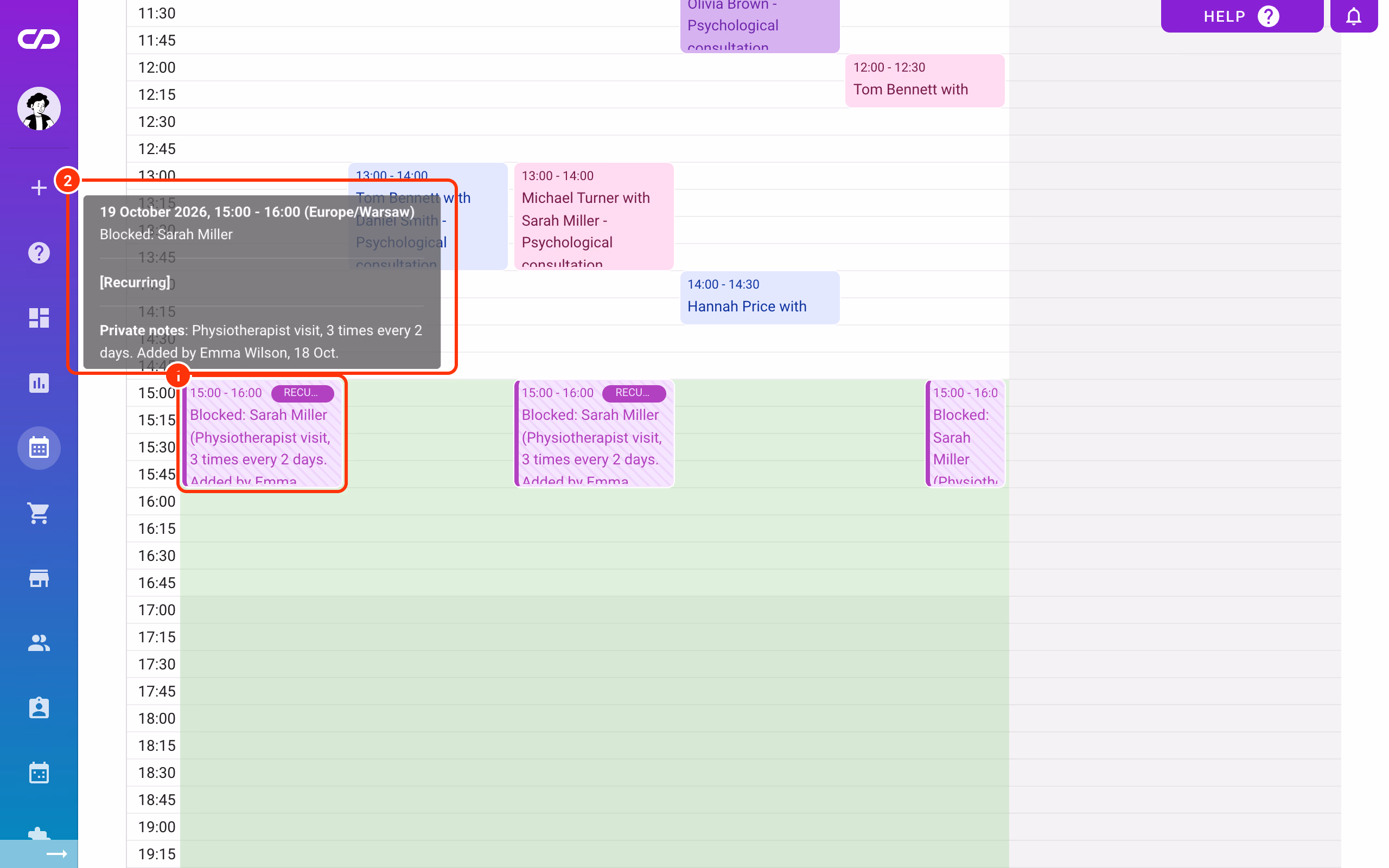 Week view: a recurring blackout tile (1) and its preview (2).