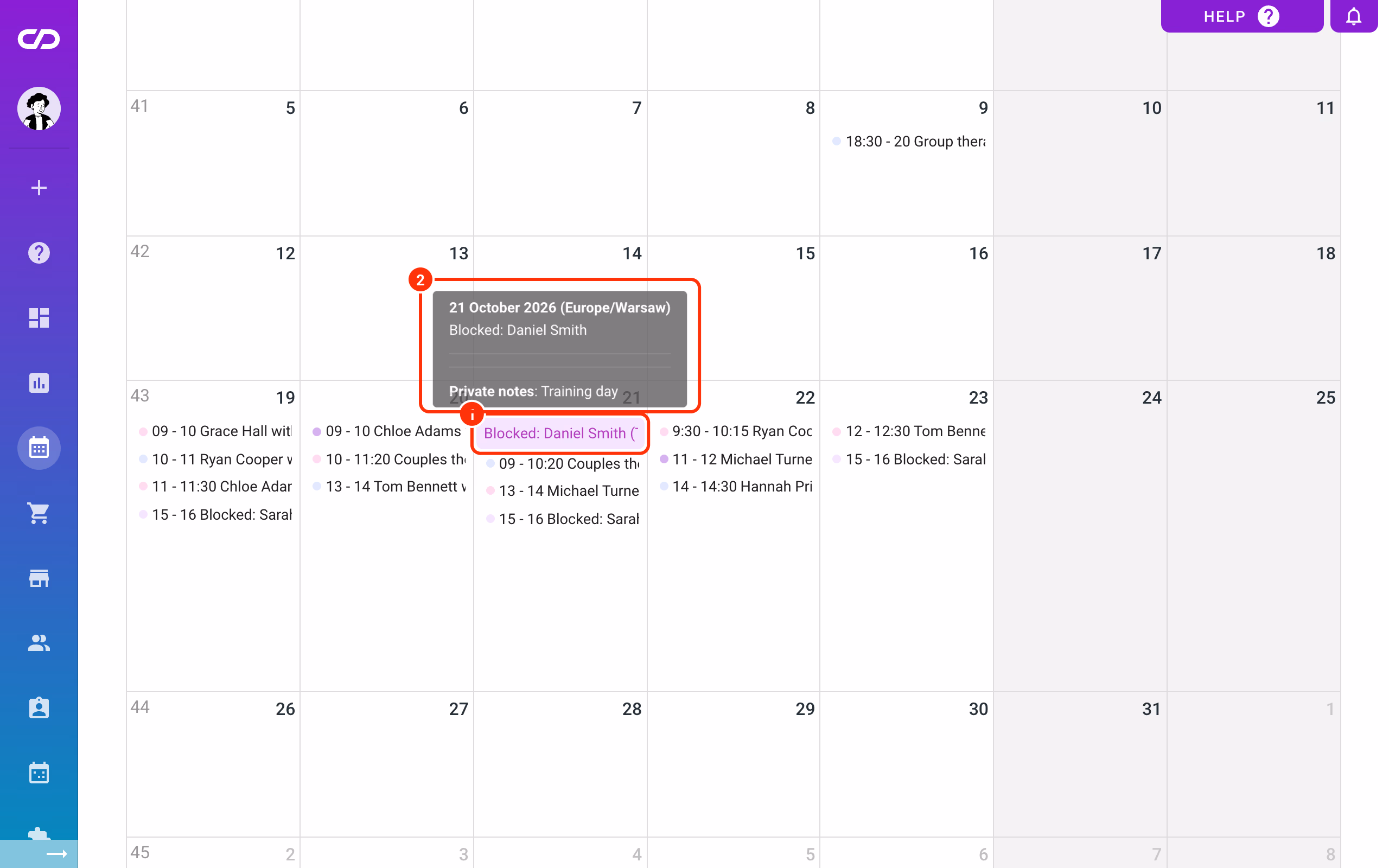Month view: a full-day blackout bar (1) and its preview (2).