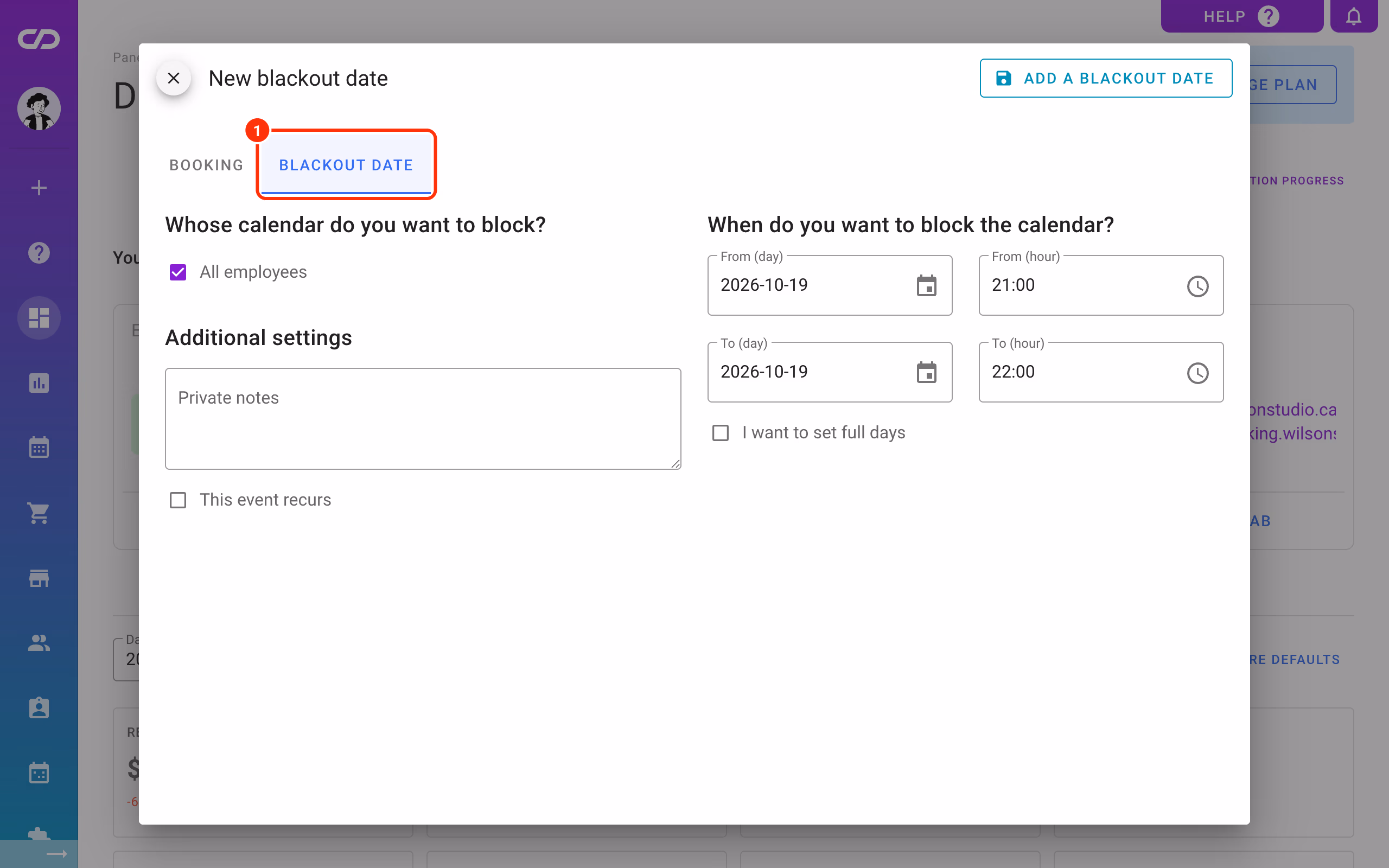 The Blackout date tab in the new booking window (1).