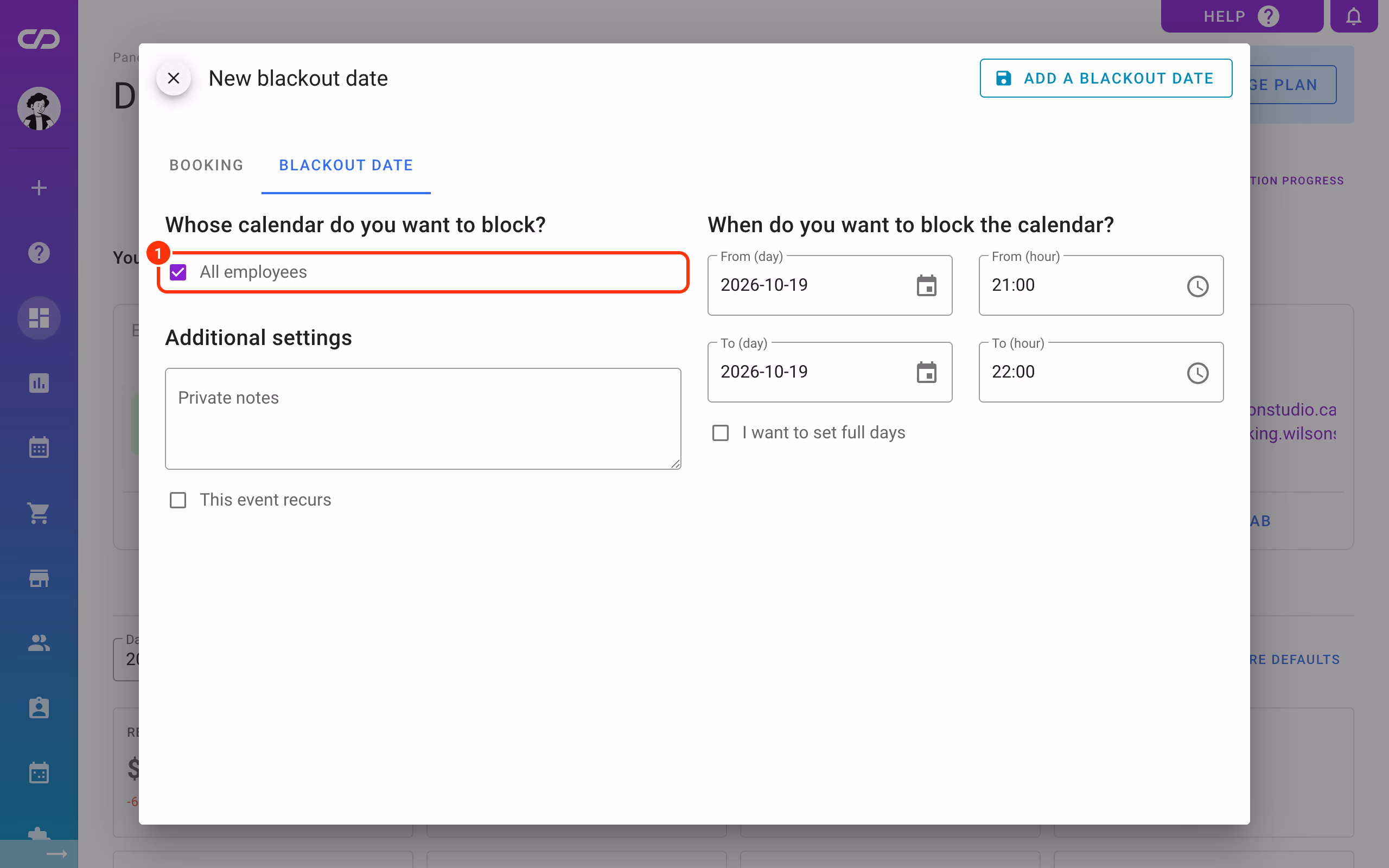 All employees ticked under Whose calendar do you want to block? (1).