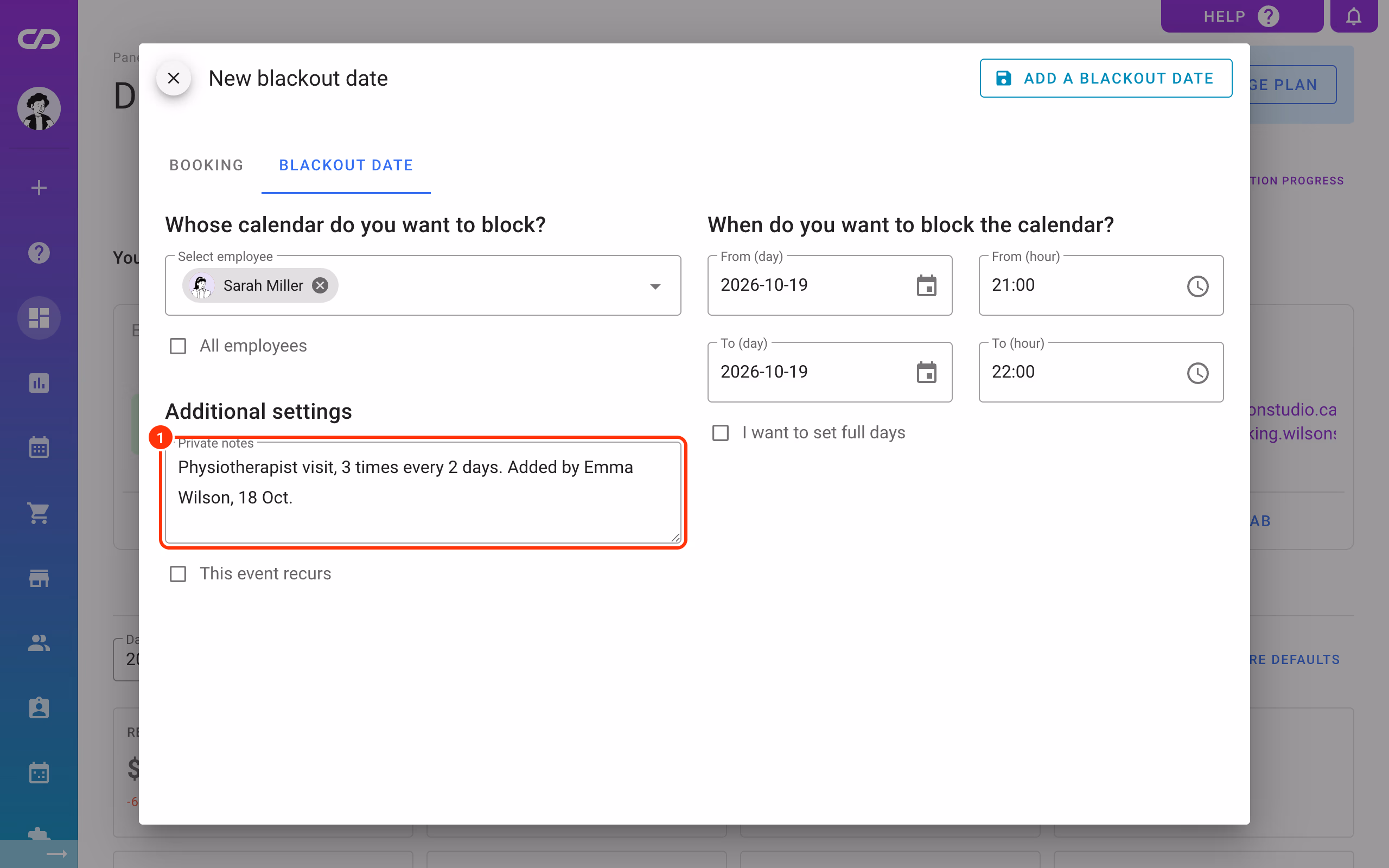 Private notes with who added the blackout date and why (1).