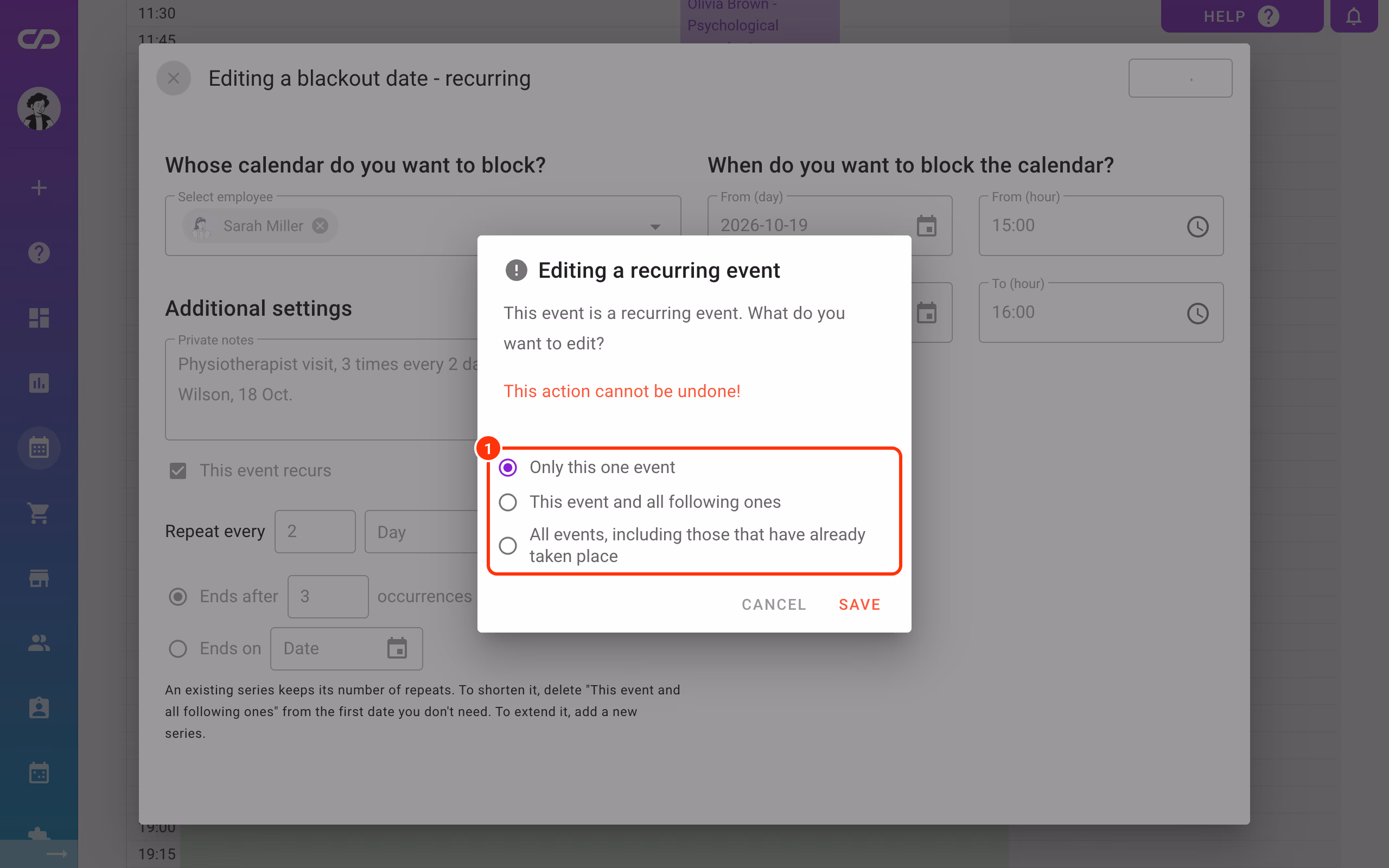 Editing a recurring event: only this one, this and all following, or all events (1).