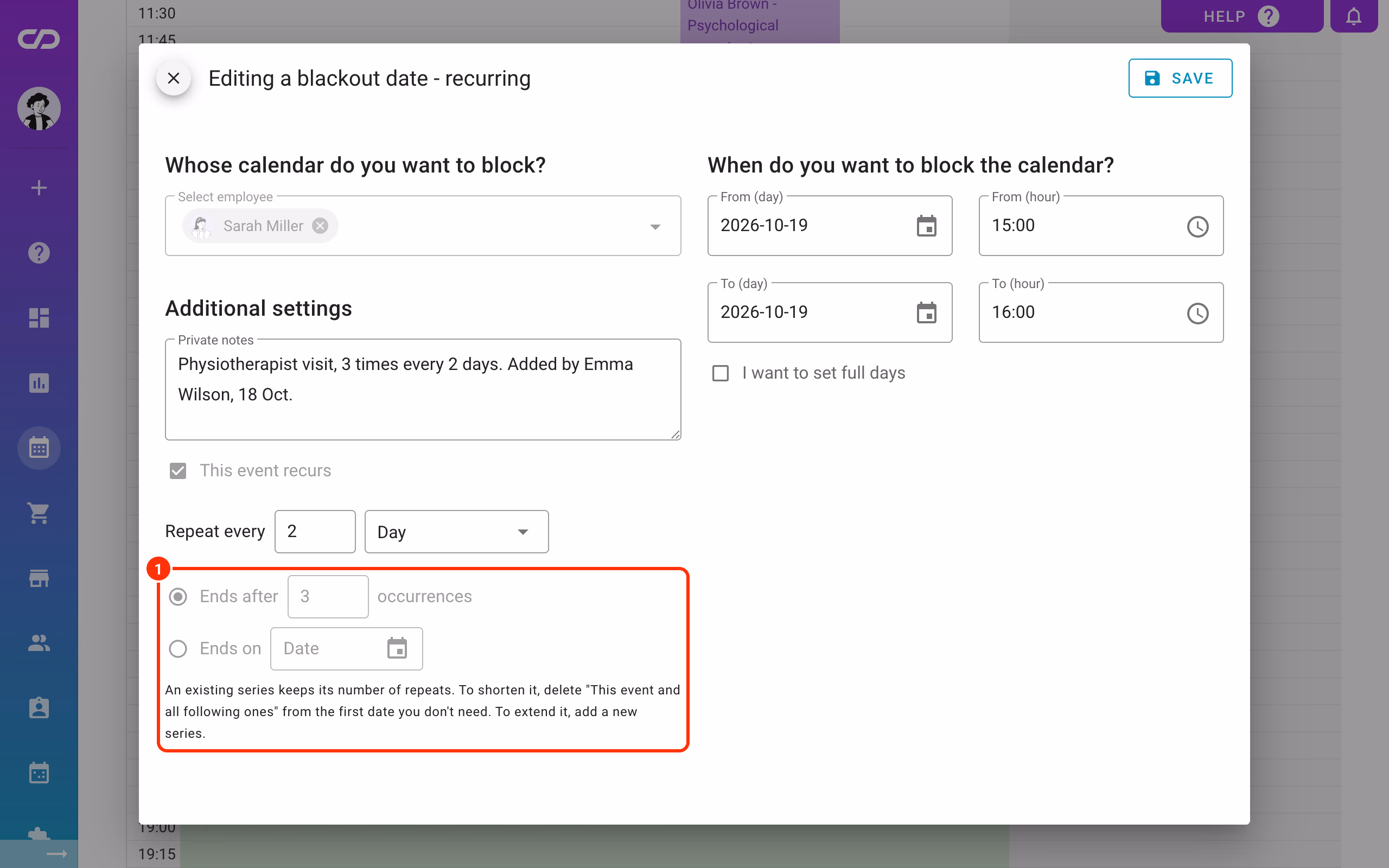 Editing a series: Ends after and Ends on locked, with the explanation (1).