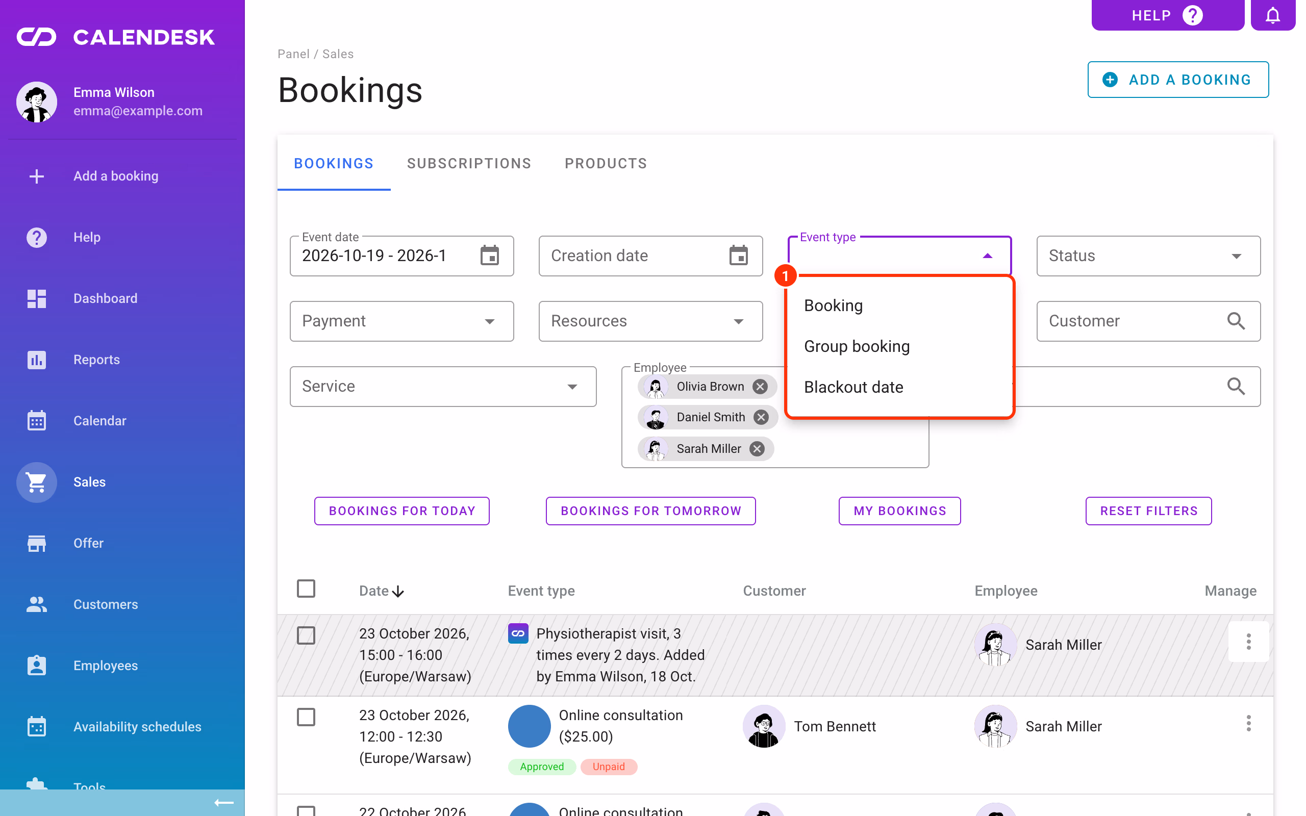The Event type filter open: Booking, Group booking, Blackout date (1).