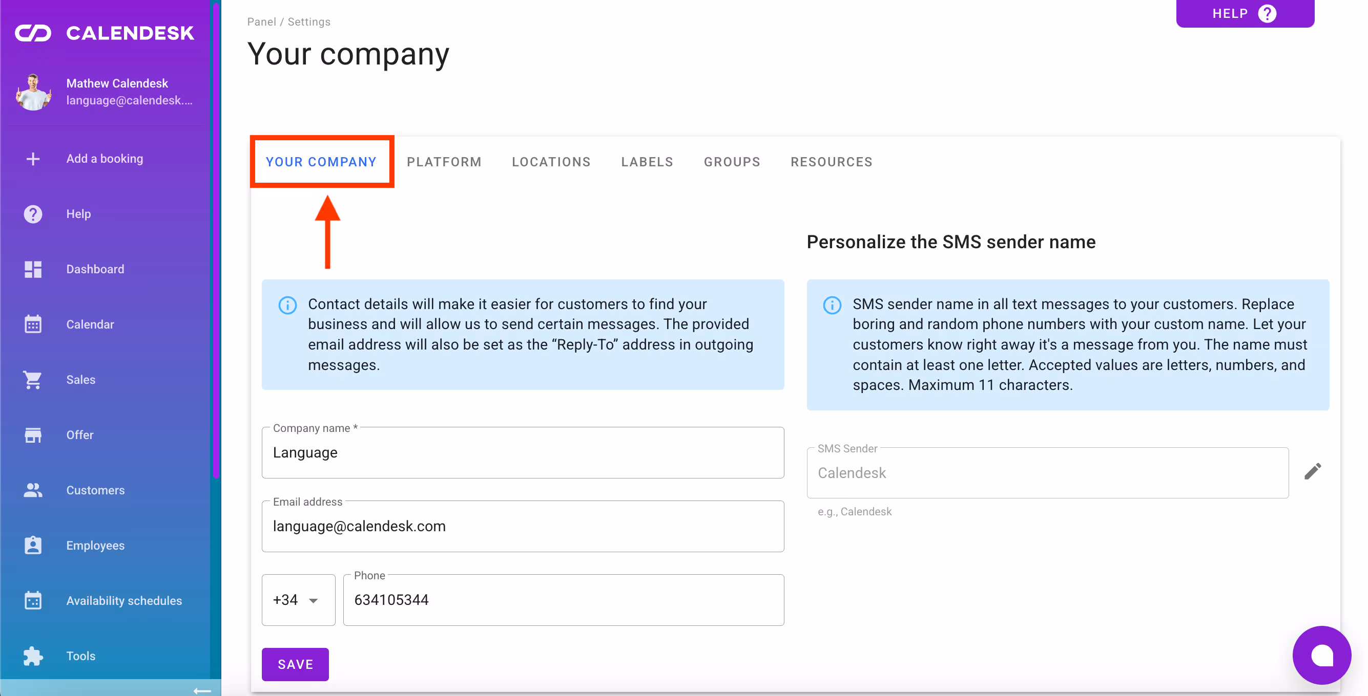 Settings – Your company name.