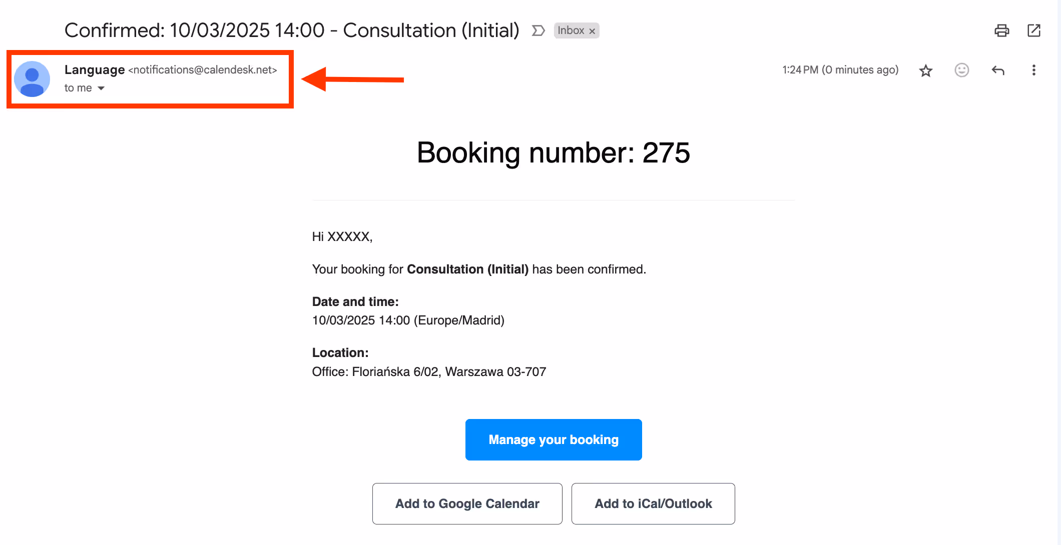 Company name in the email confirmation.