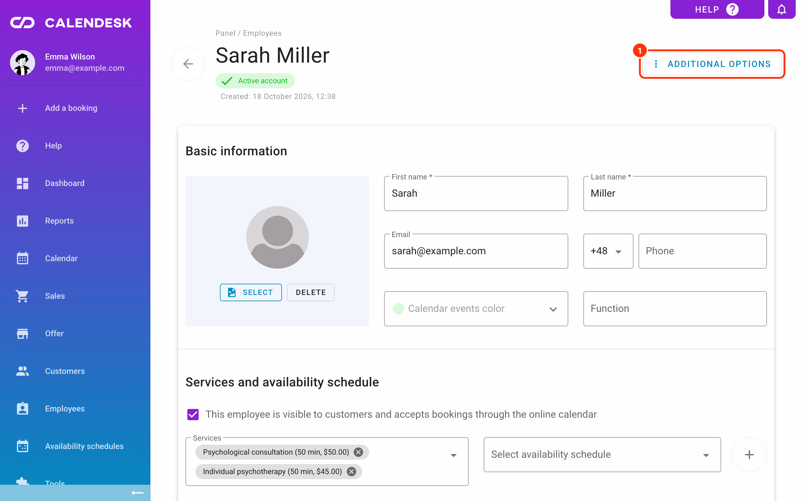 Additional options in the employee profile.
