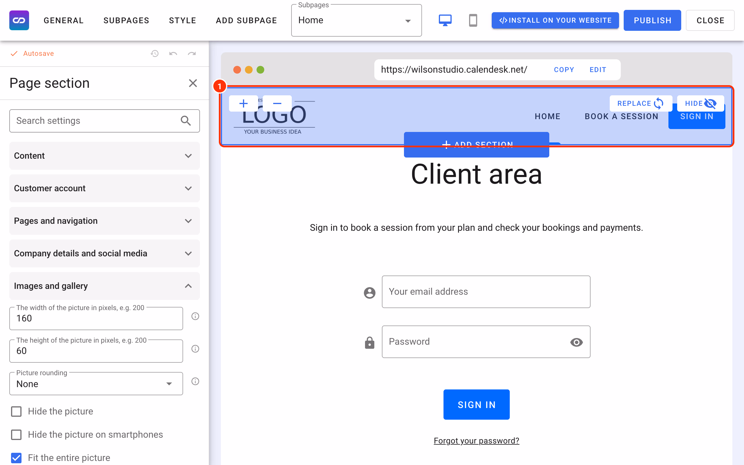 The header section selected in the builder (1).