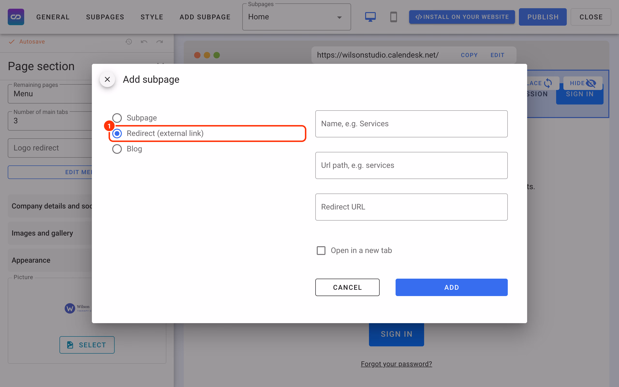 Add subpage with Redirect (external link) chosen (1).
