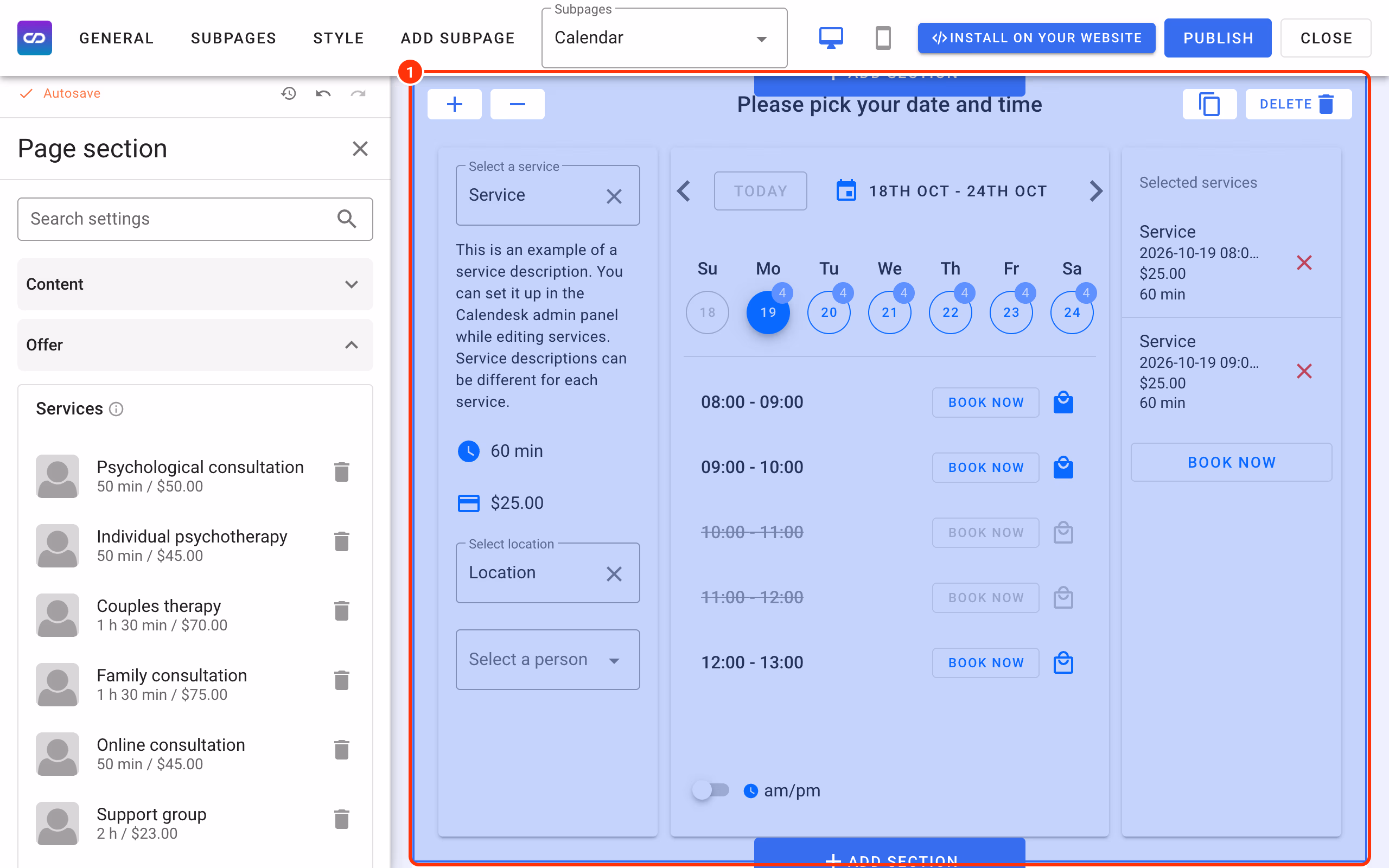 The calendar section selected in the builder (1).