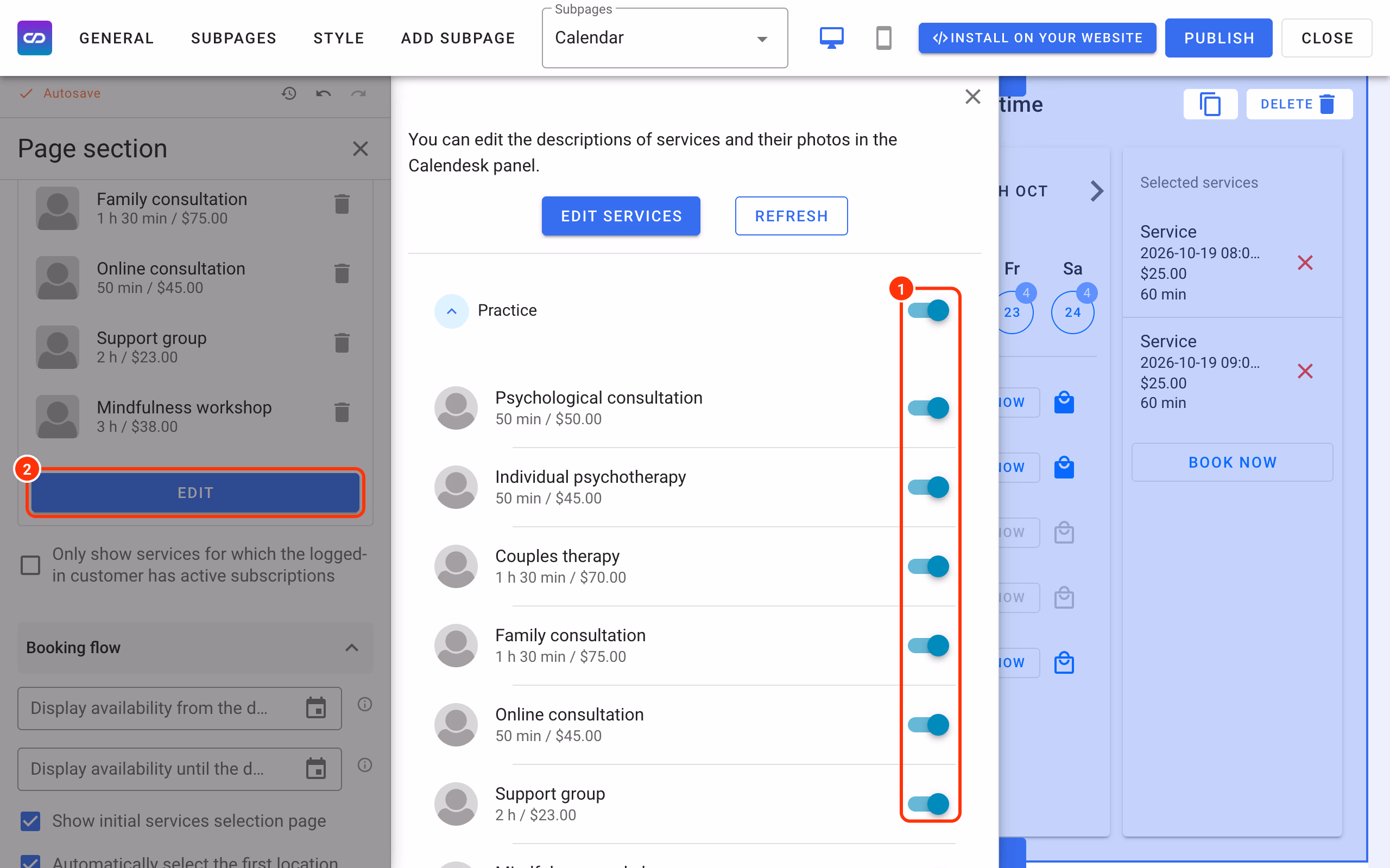 The Edit button under Services (2) and the switch for each service (1).