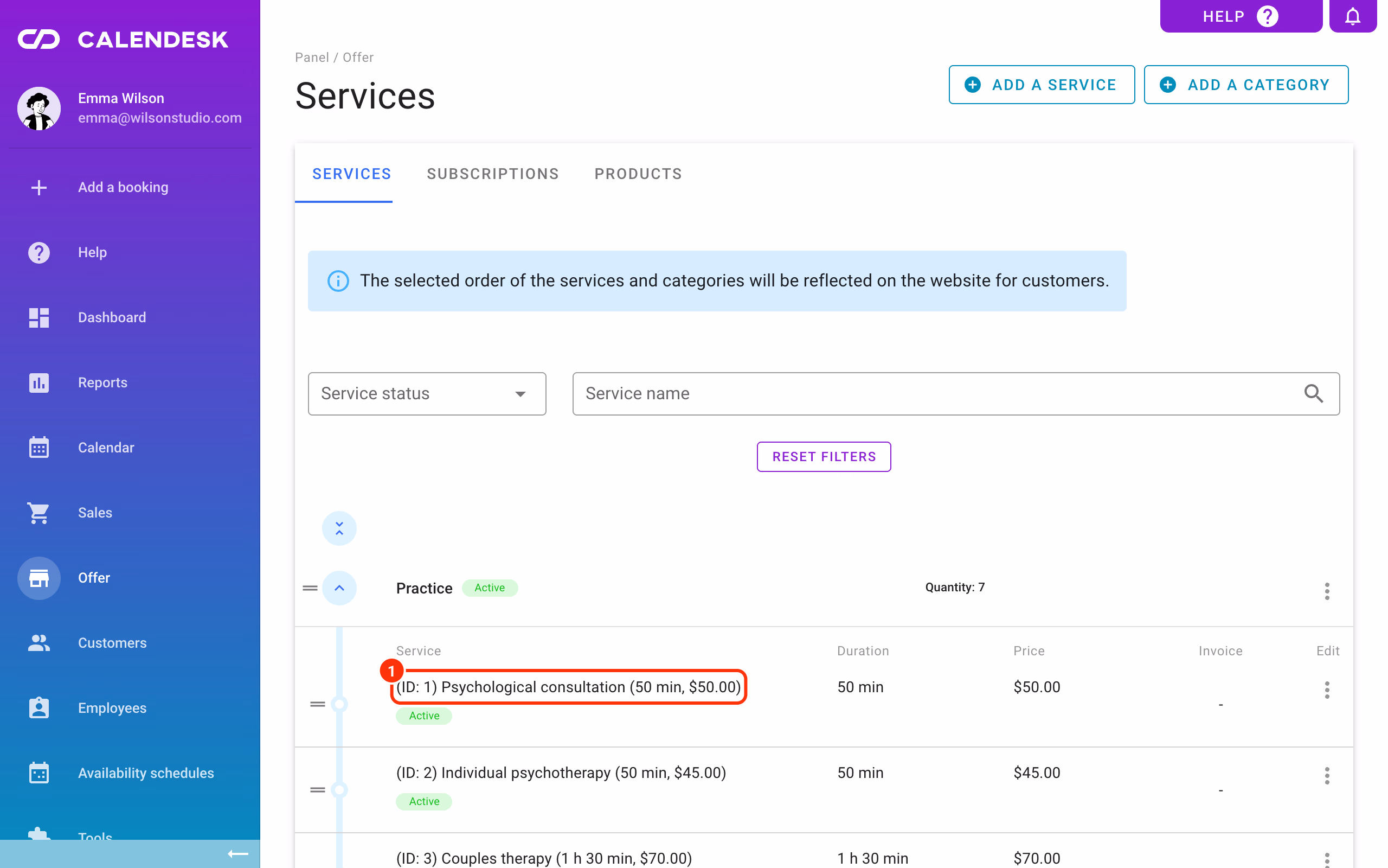 Offer – Services with the service ID before its name (1).