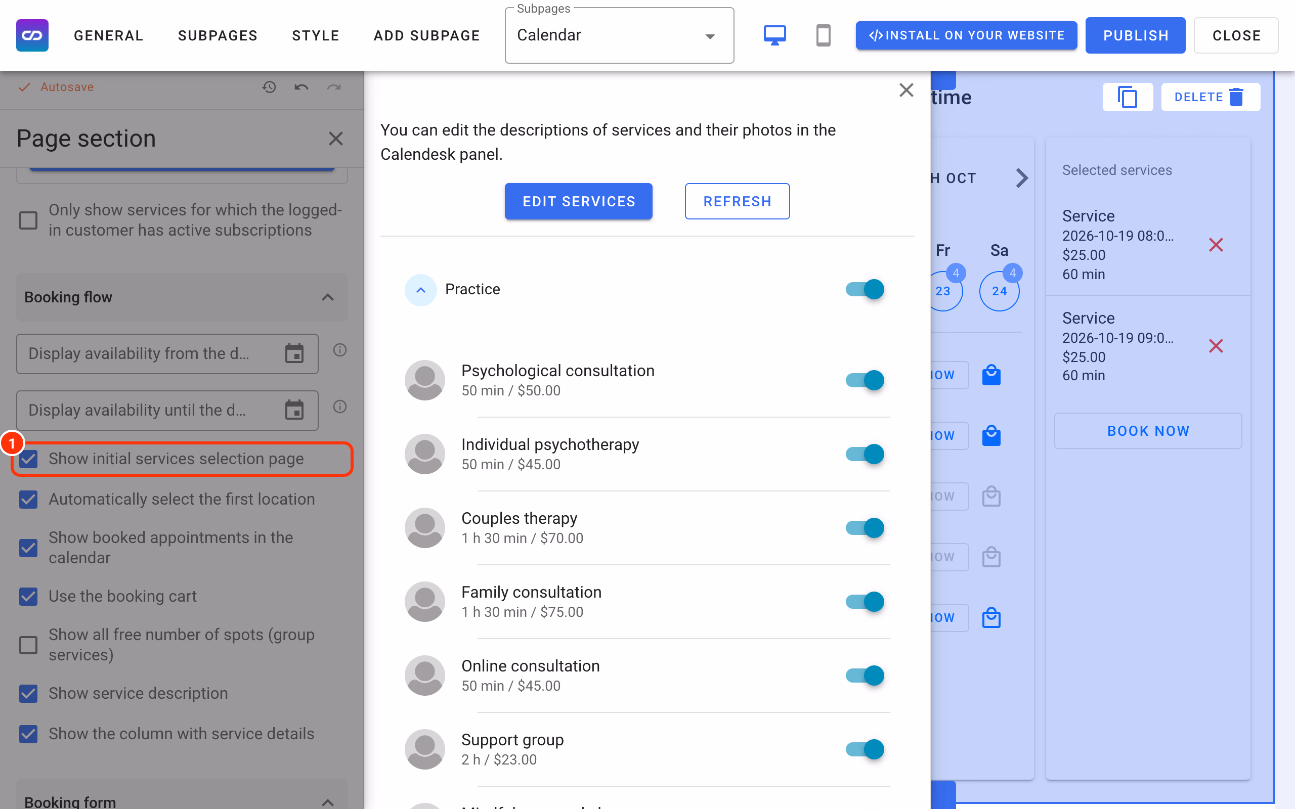Show initial services selection page ticked (1).