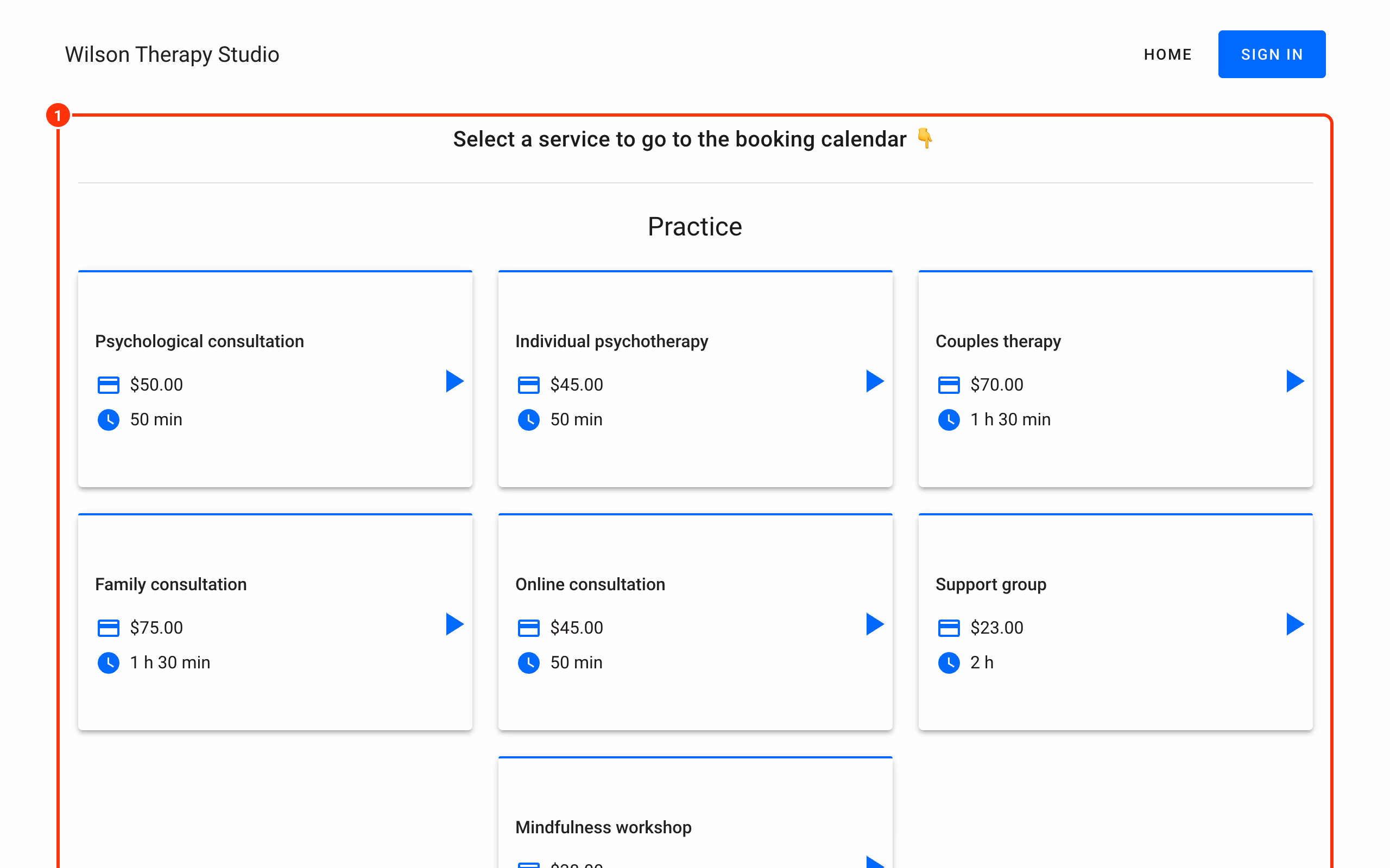 The service selection page on the website (1).