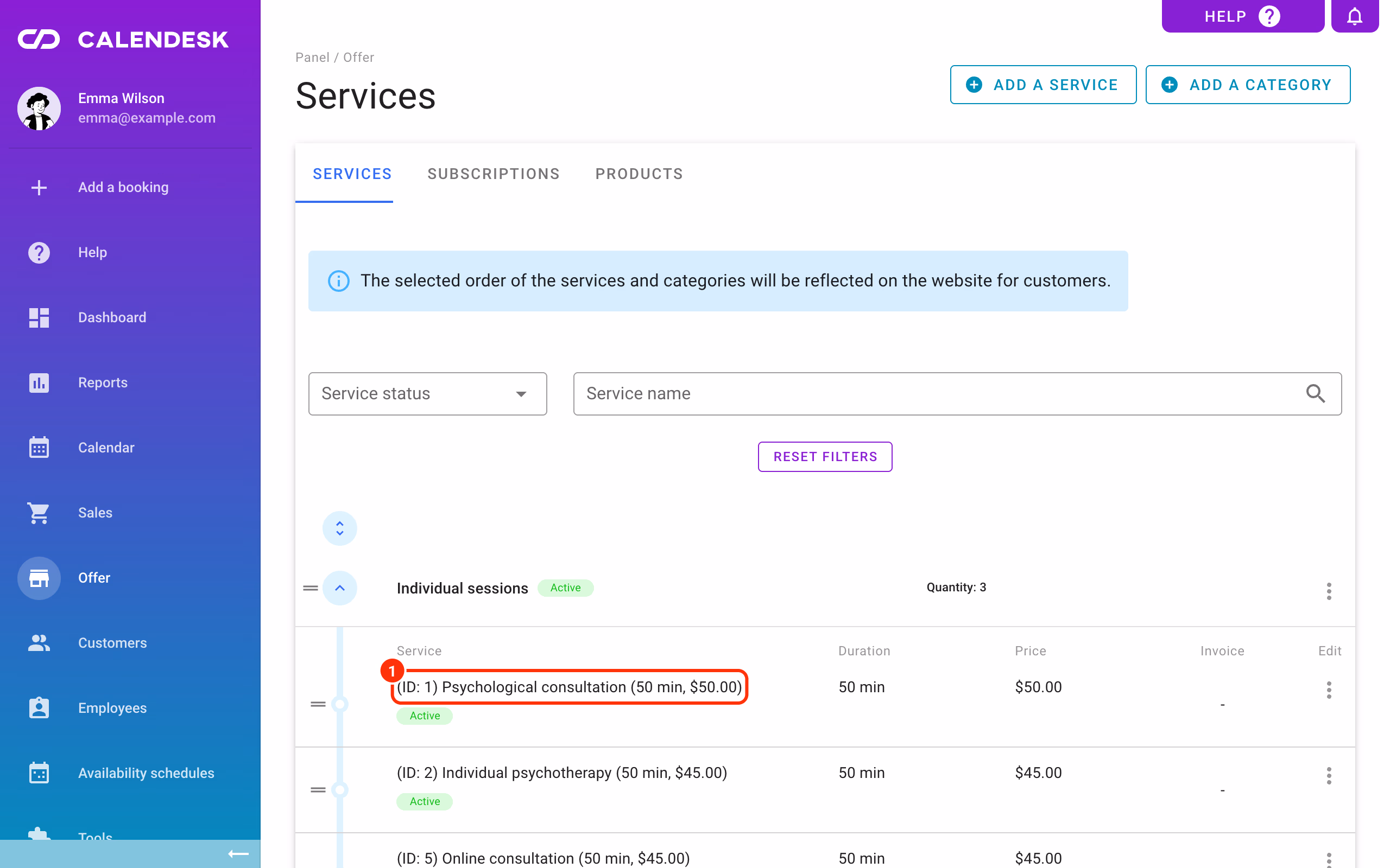 Offer – Services with the service ID before its name (1).