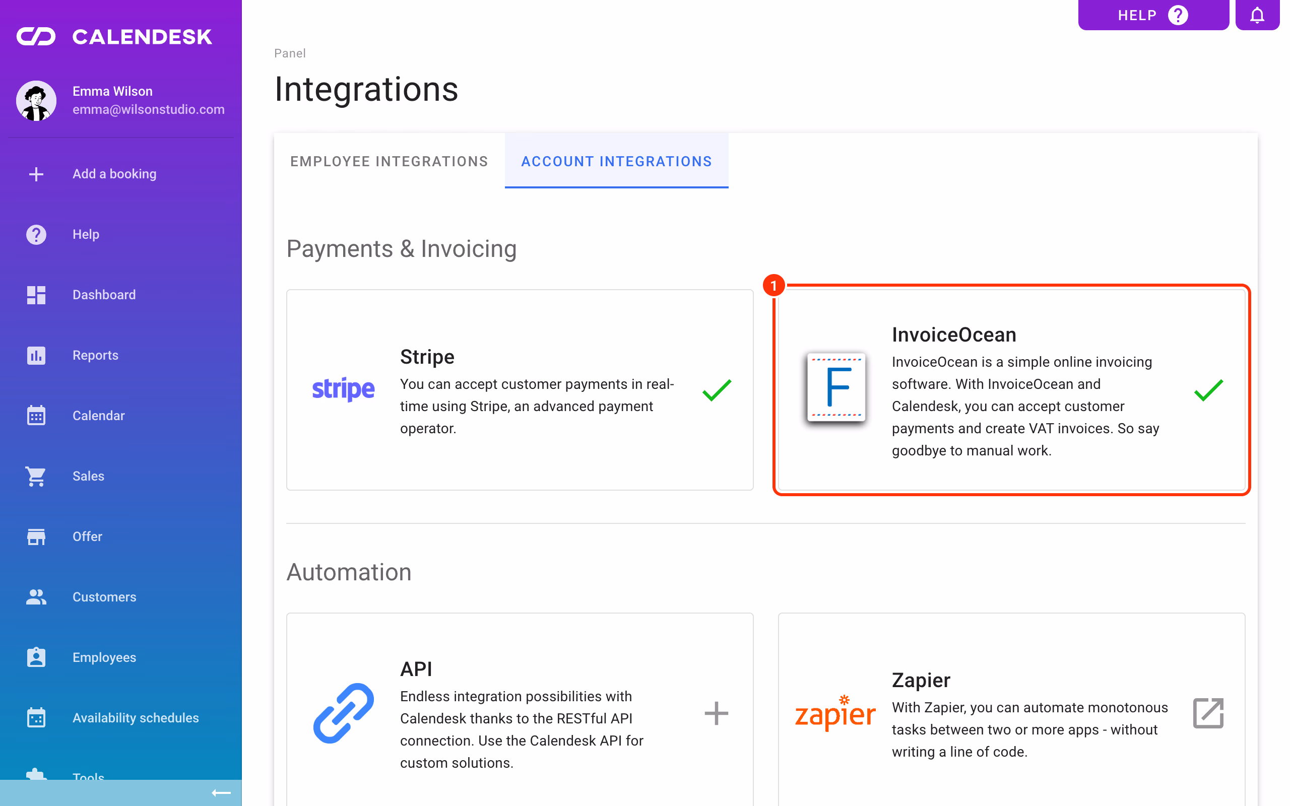 The InvoiceOcean tile in Account integrations (1).