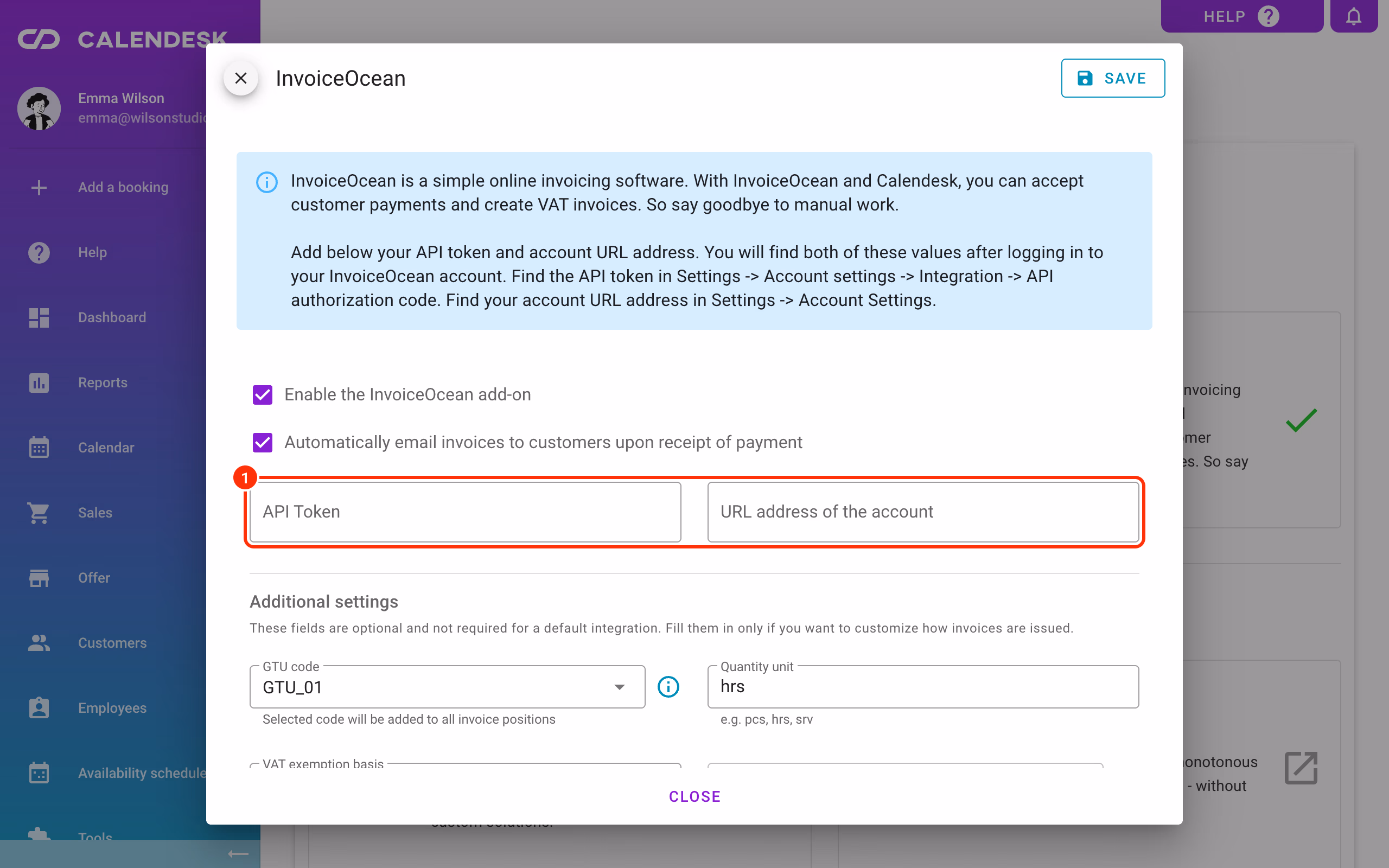 The InvoiceOcean window with the API Token and account URL fields (1).