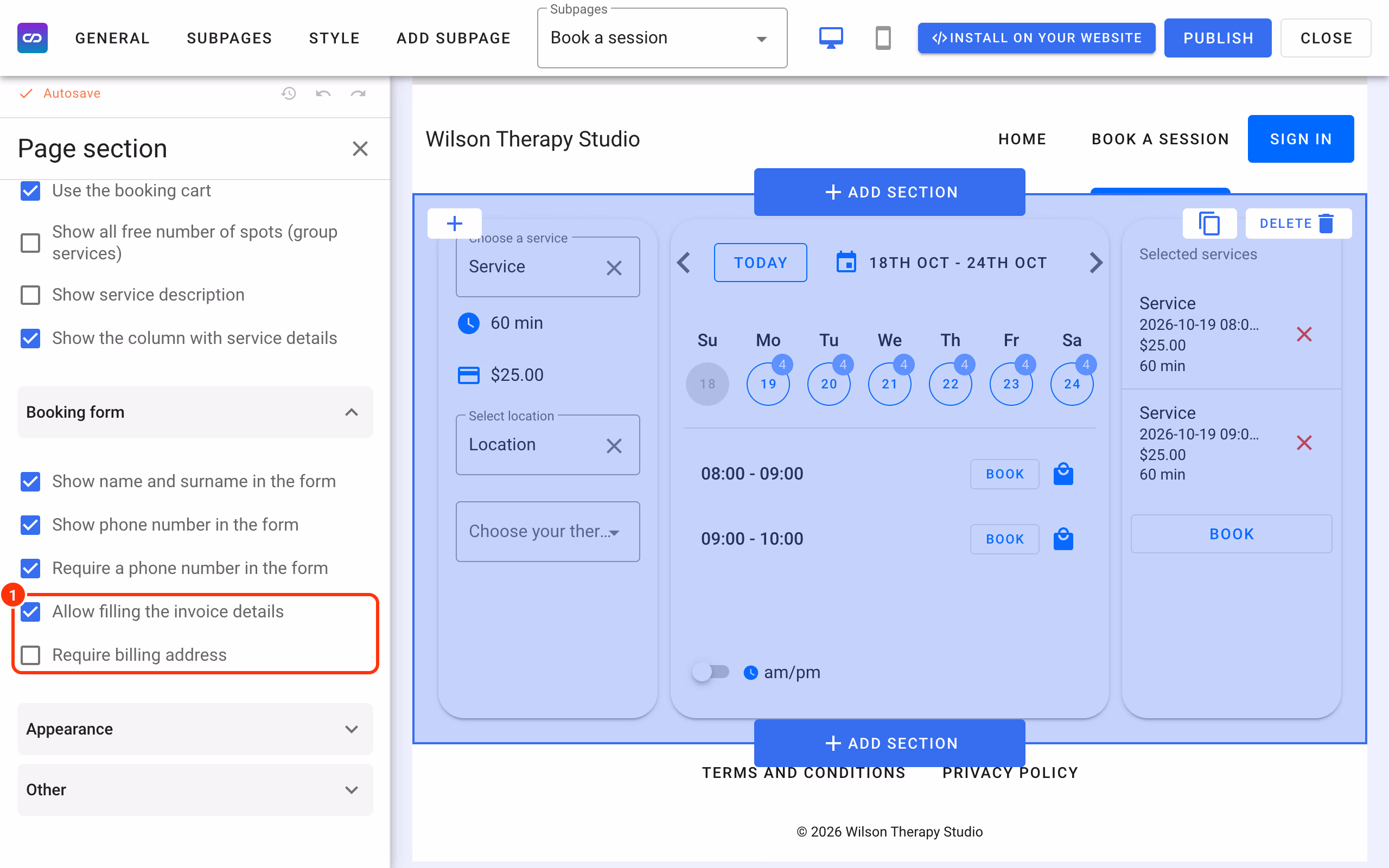 Allow filling the invoice details and Require billing address in the calendar section (1).