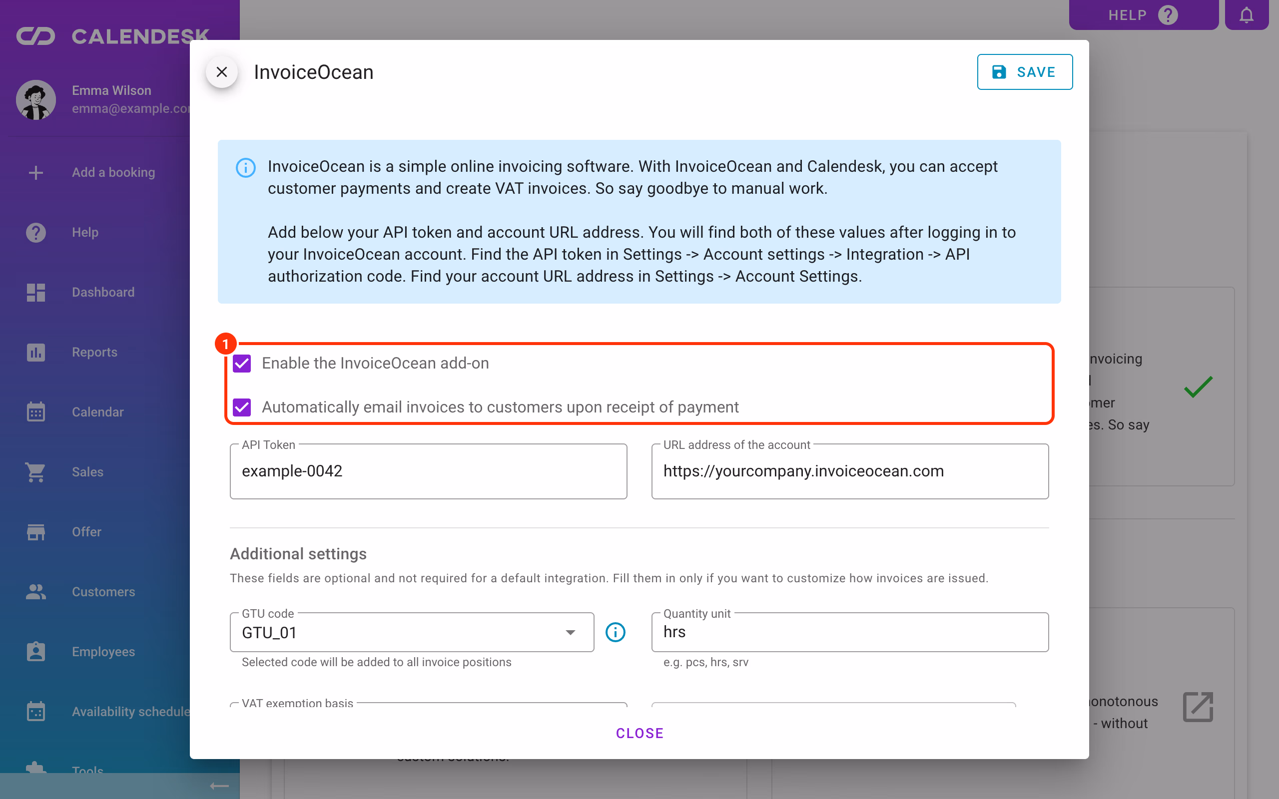 Enable the InvoiceOcean add-on and automatic invoice emails ticked (1).