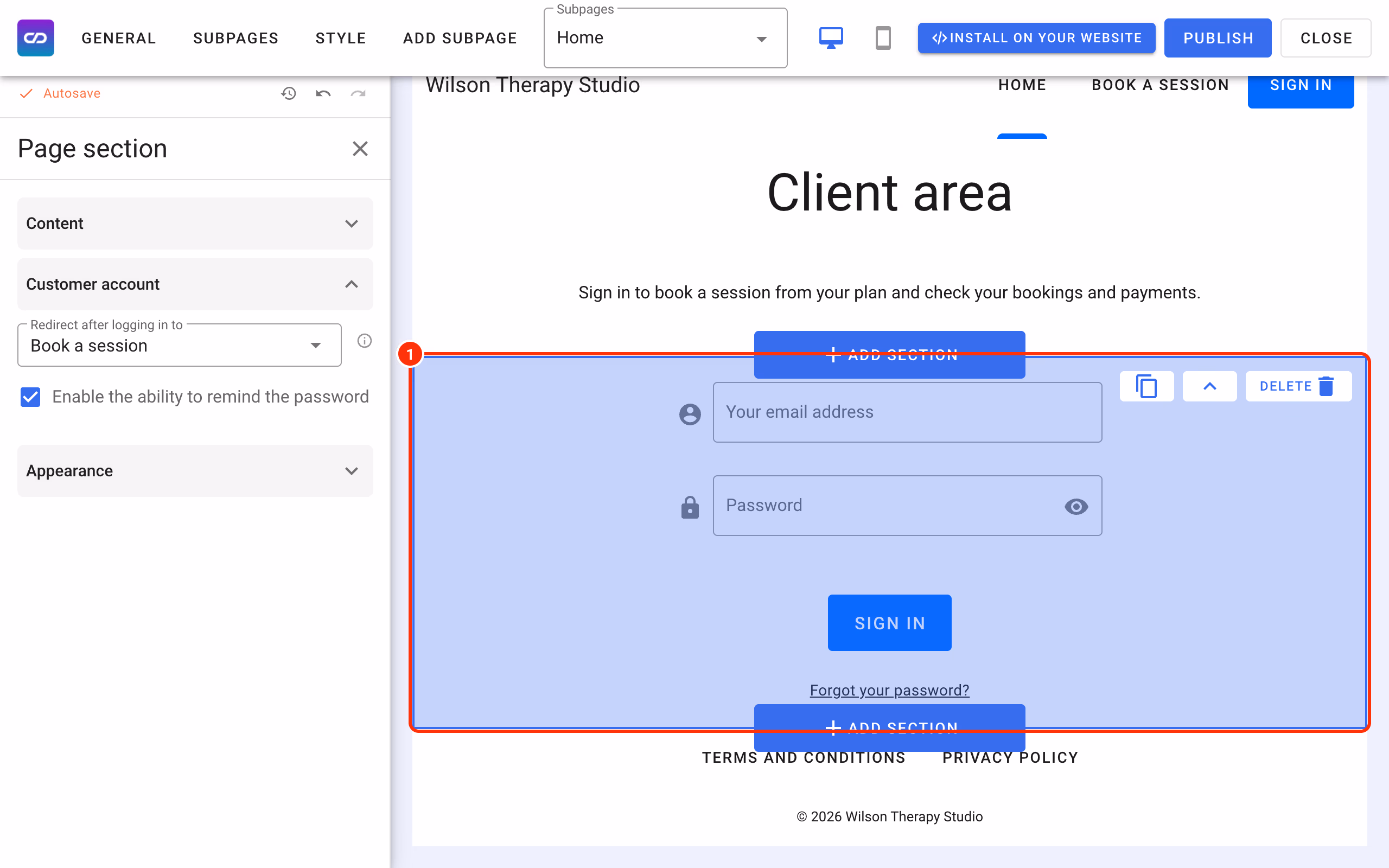 The sign-in form section selected on the home page (1).