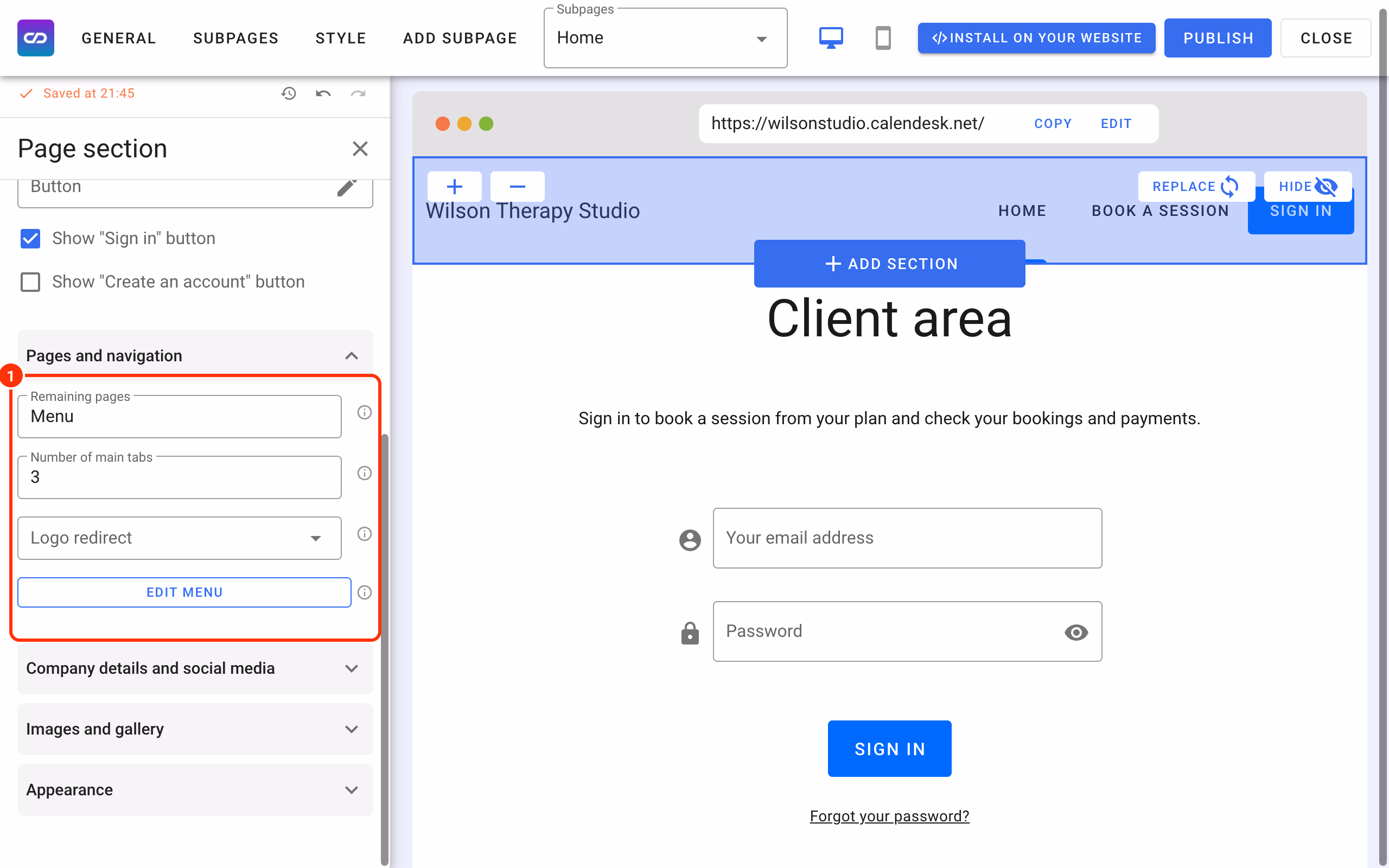 Pages and navigation in the header settings (1).