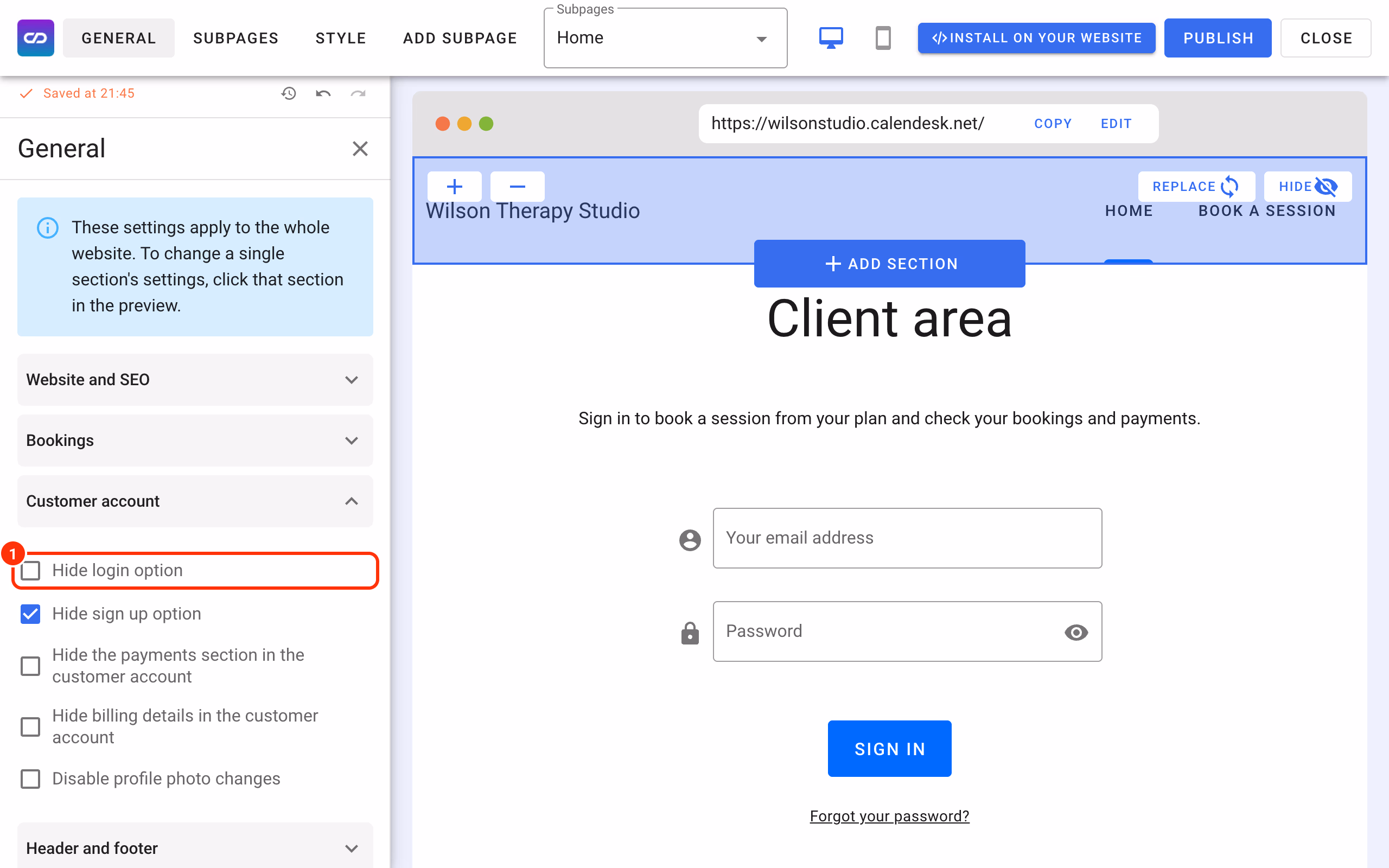 Hide login option in General – Customer account (1).