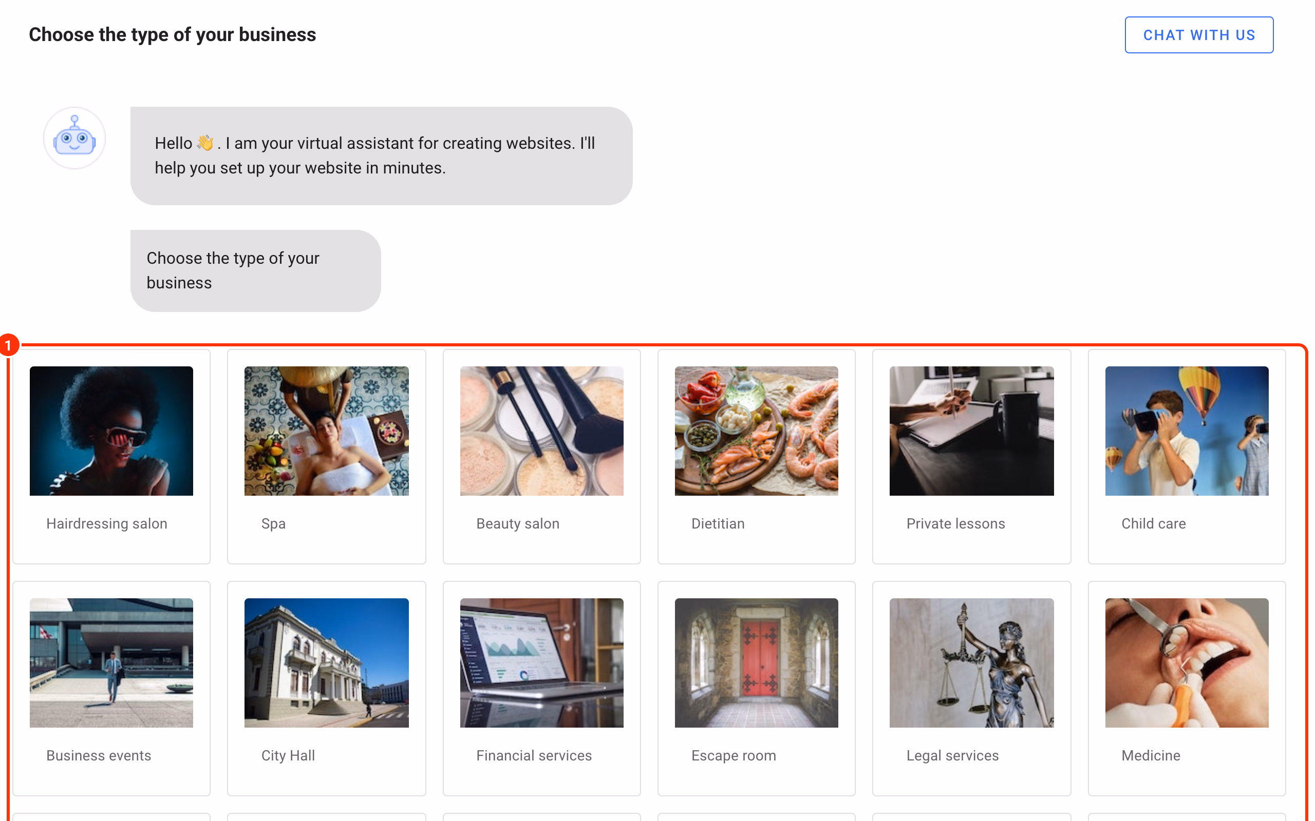 The new website assistant: Choose the type of your business (1).
