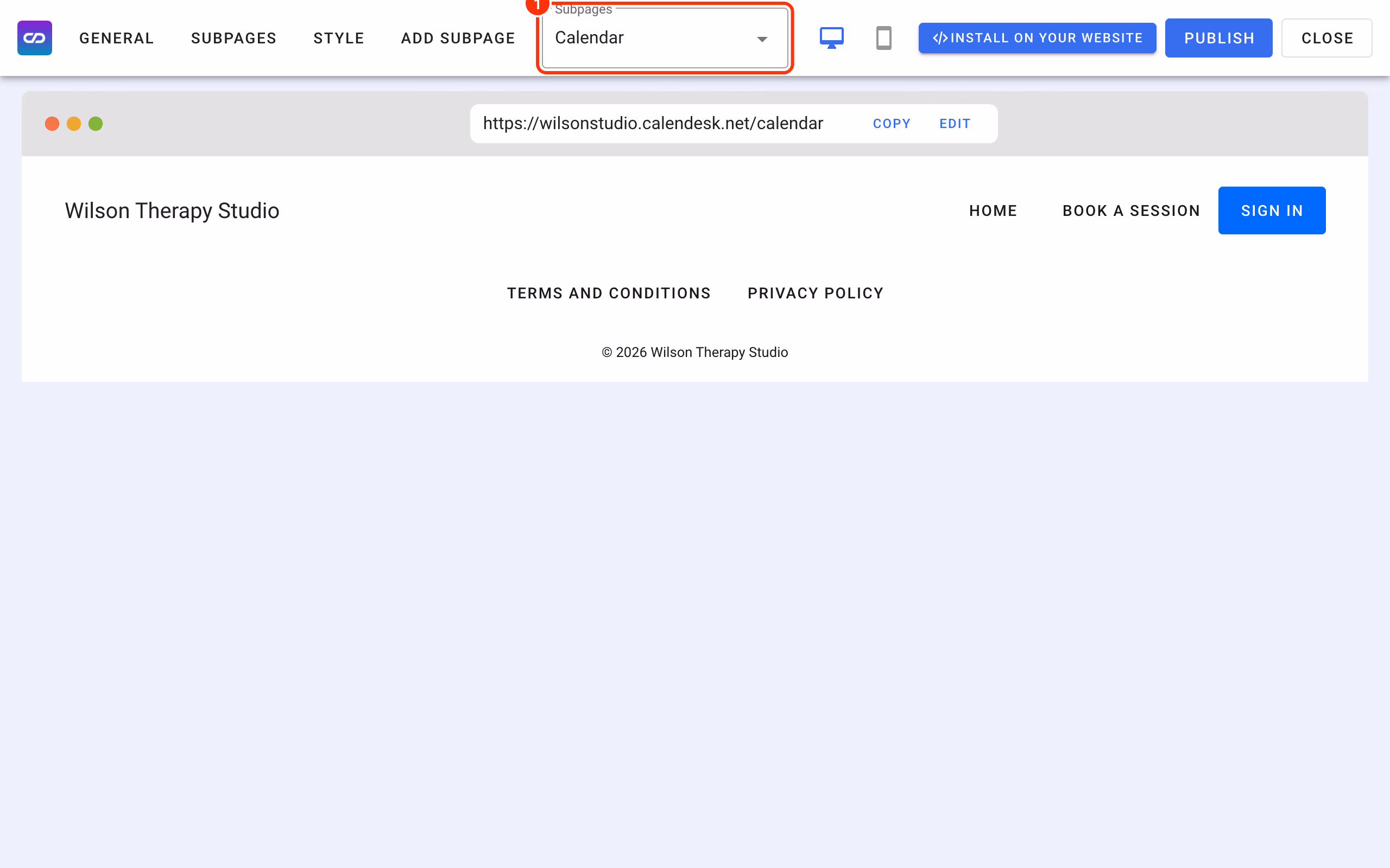 The new, empty Calendar subpage (1).