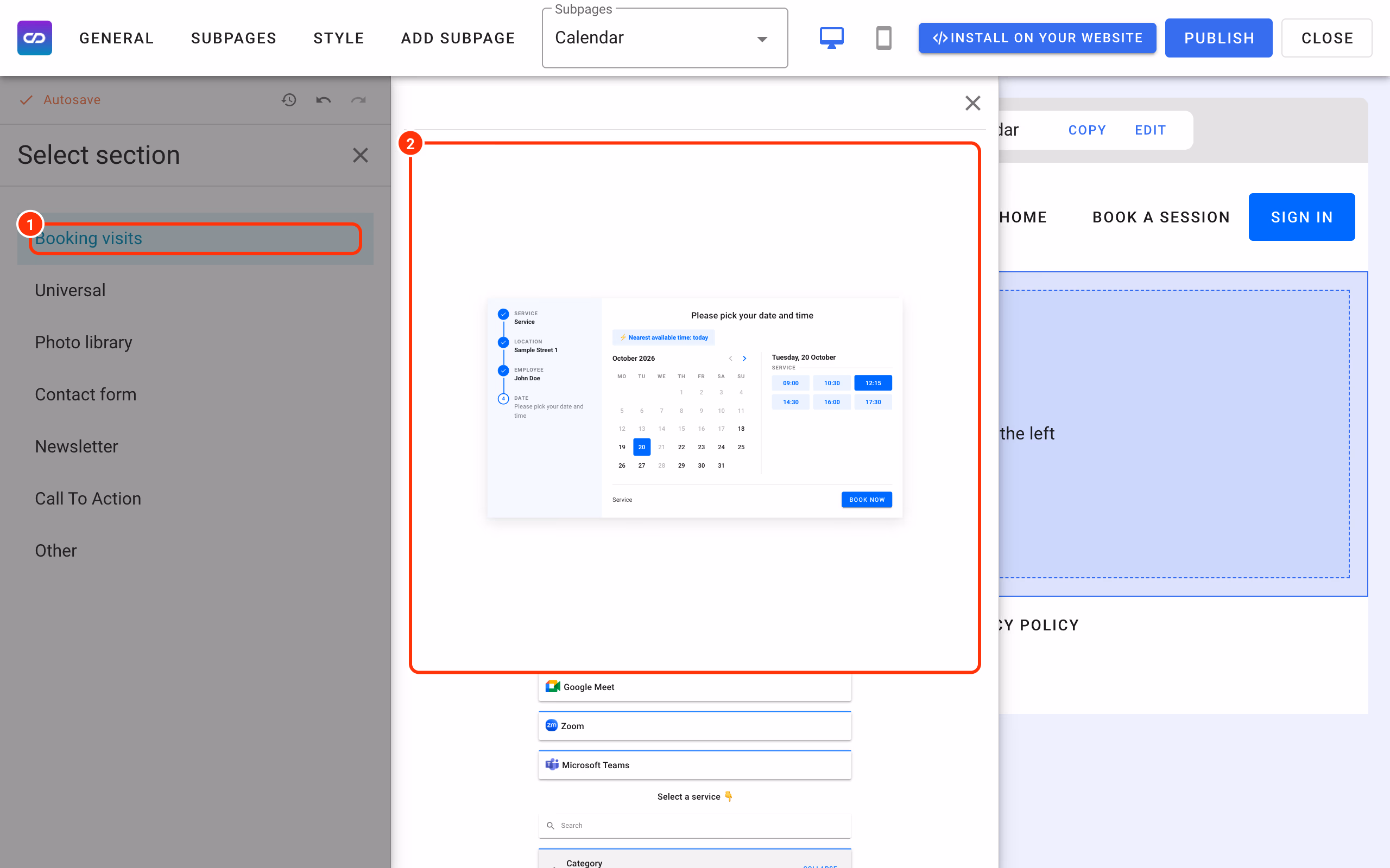 The Booking visits category (1) and a calendar section (2).