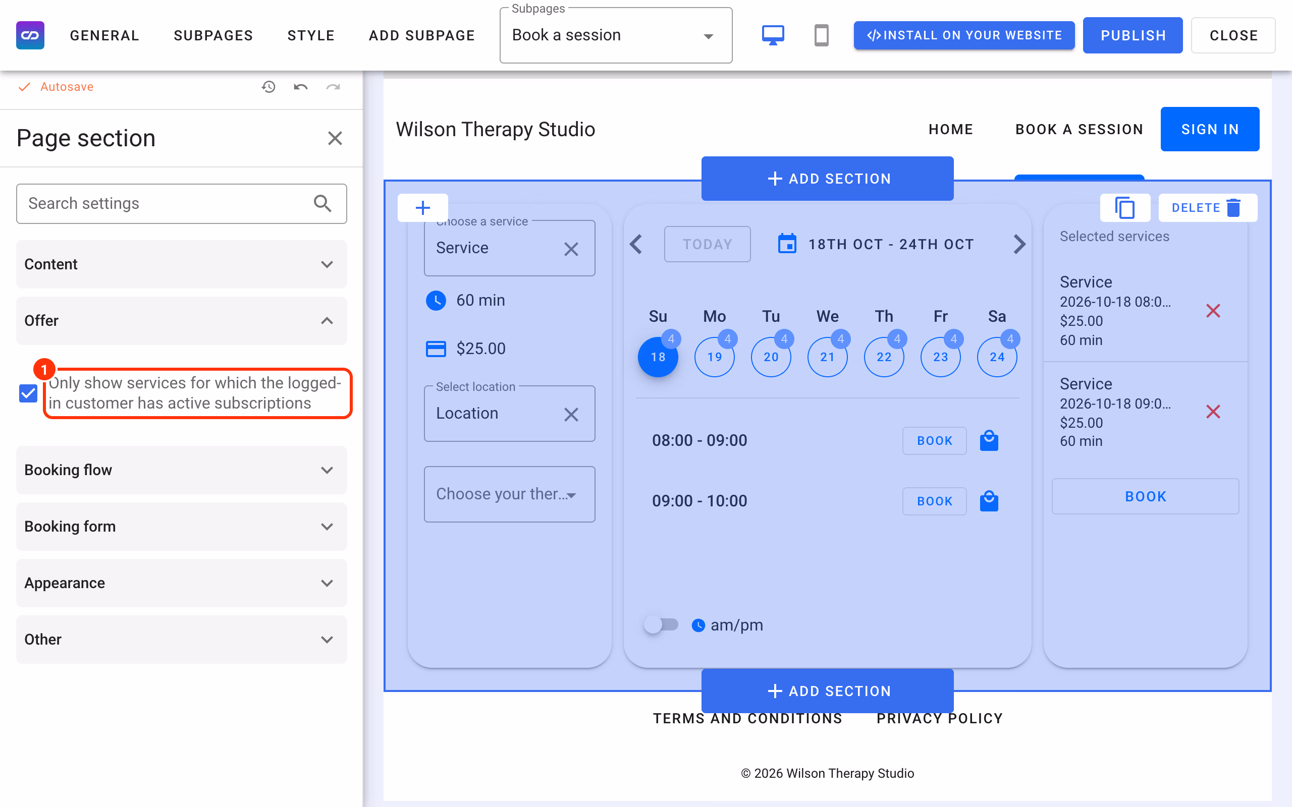 Only show services for which the logged-in customer has active subscriptions (1).