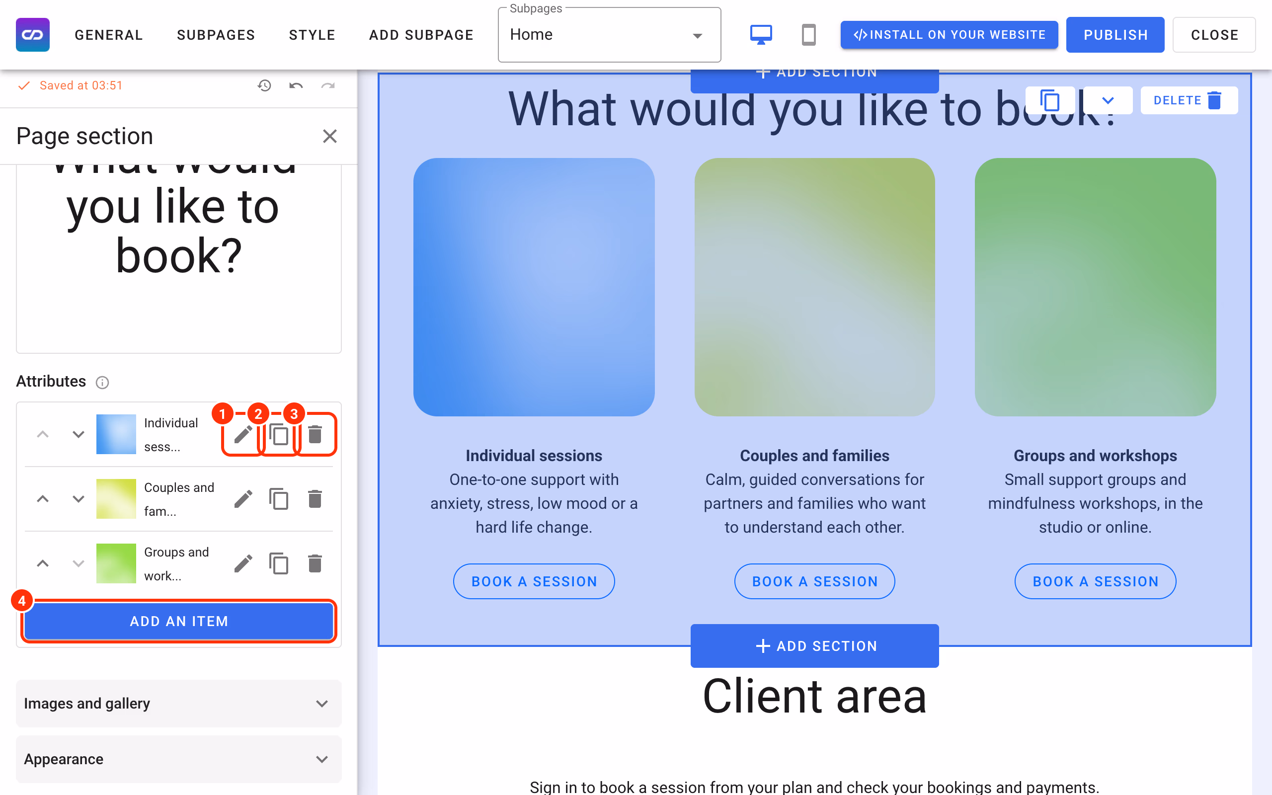 Edit (1), duplicate (2), delete (3) and Add an item (4).