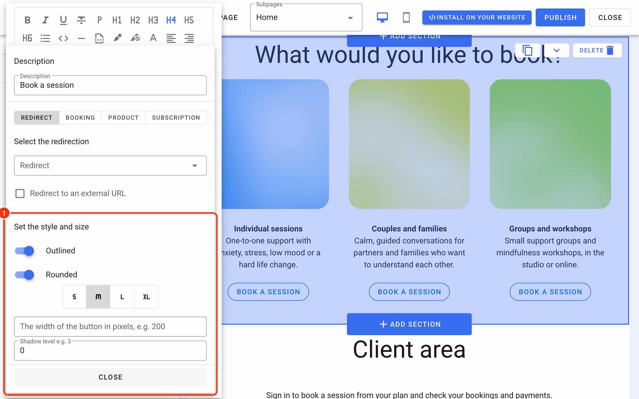 Set the style and size in the button window (1).