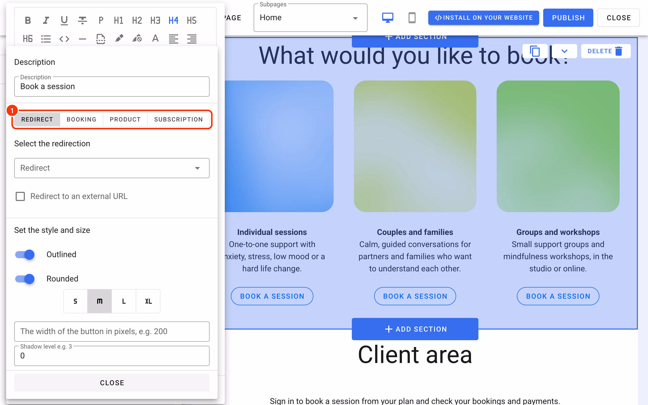 The button types Redirect, Booking, Product and Subscription (1).