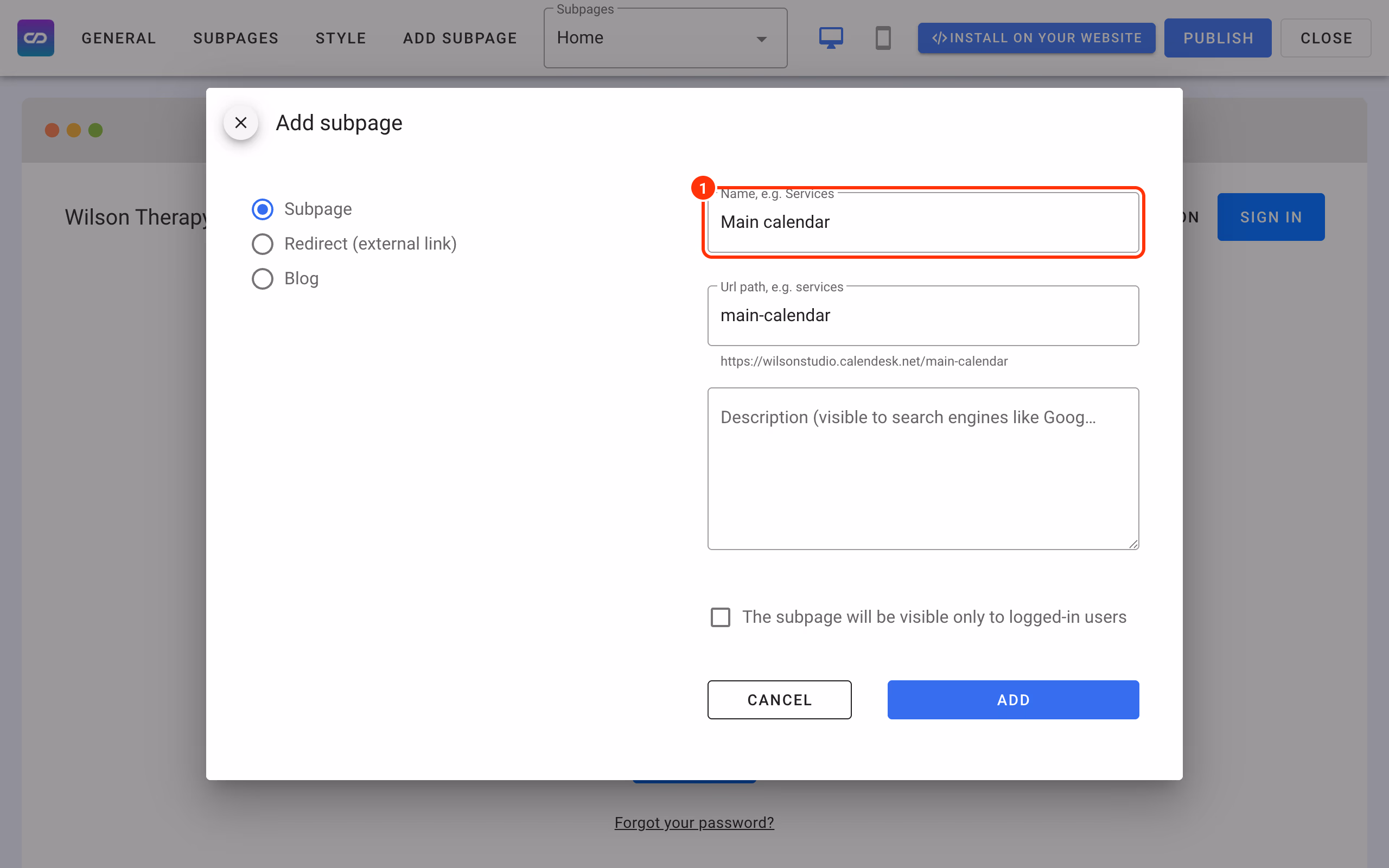 Add subpage with the name Main calendar (1).
