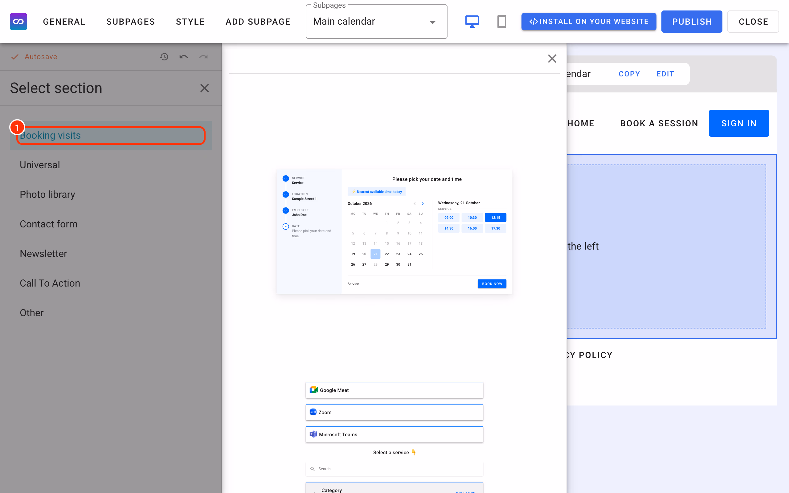 Select section with the Booking visits category (1).