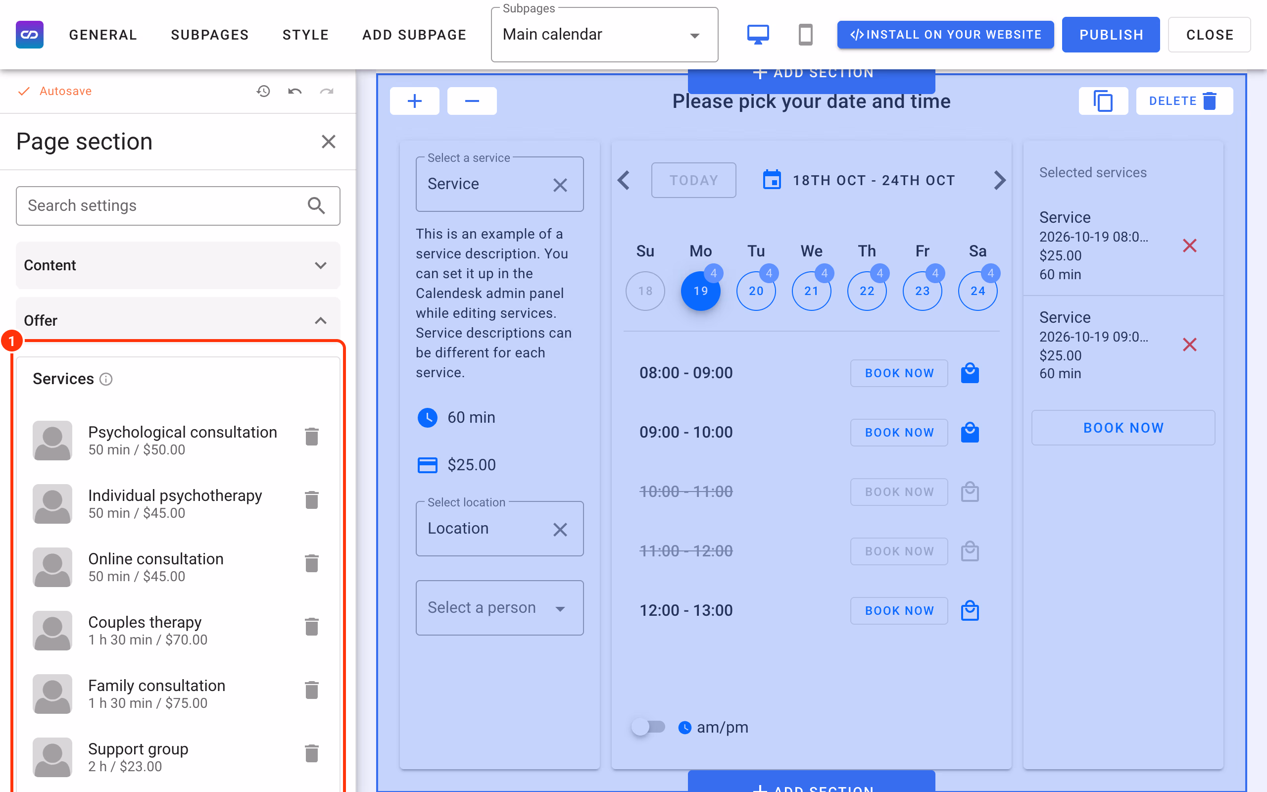 Services shown in the calendar section (1).