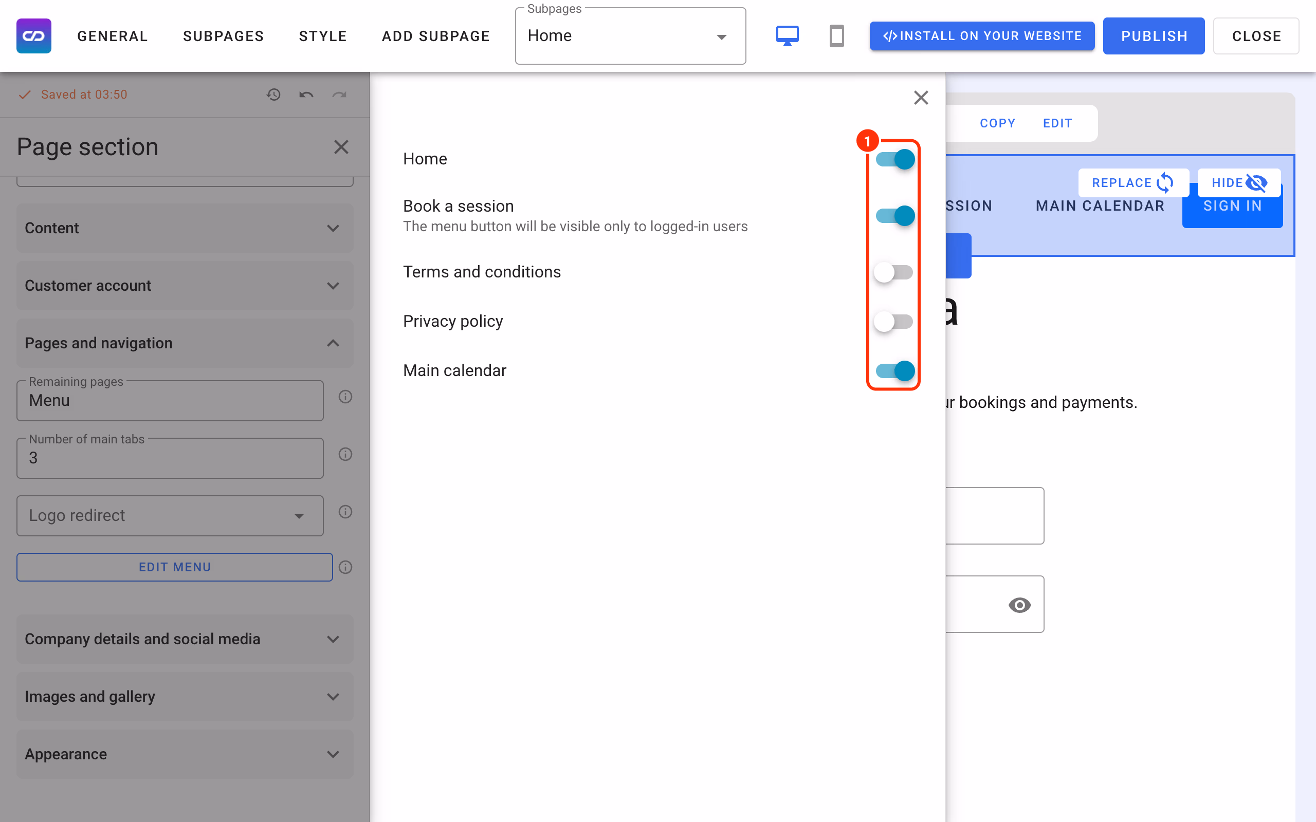 Edit menu with the subpages switched on (1).