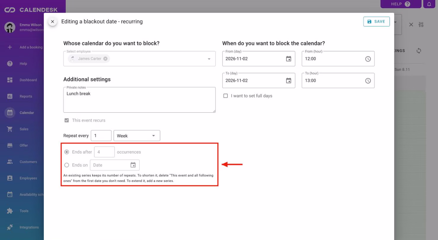 The locked Ends after and Ends on fields when editing a series.