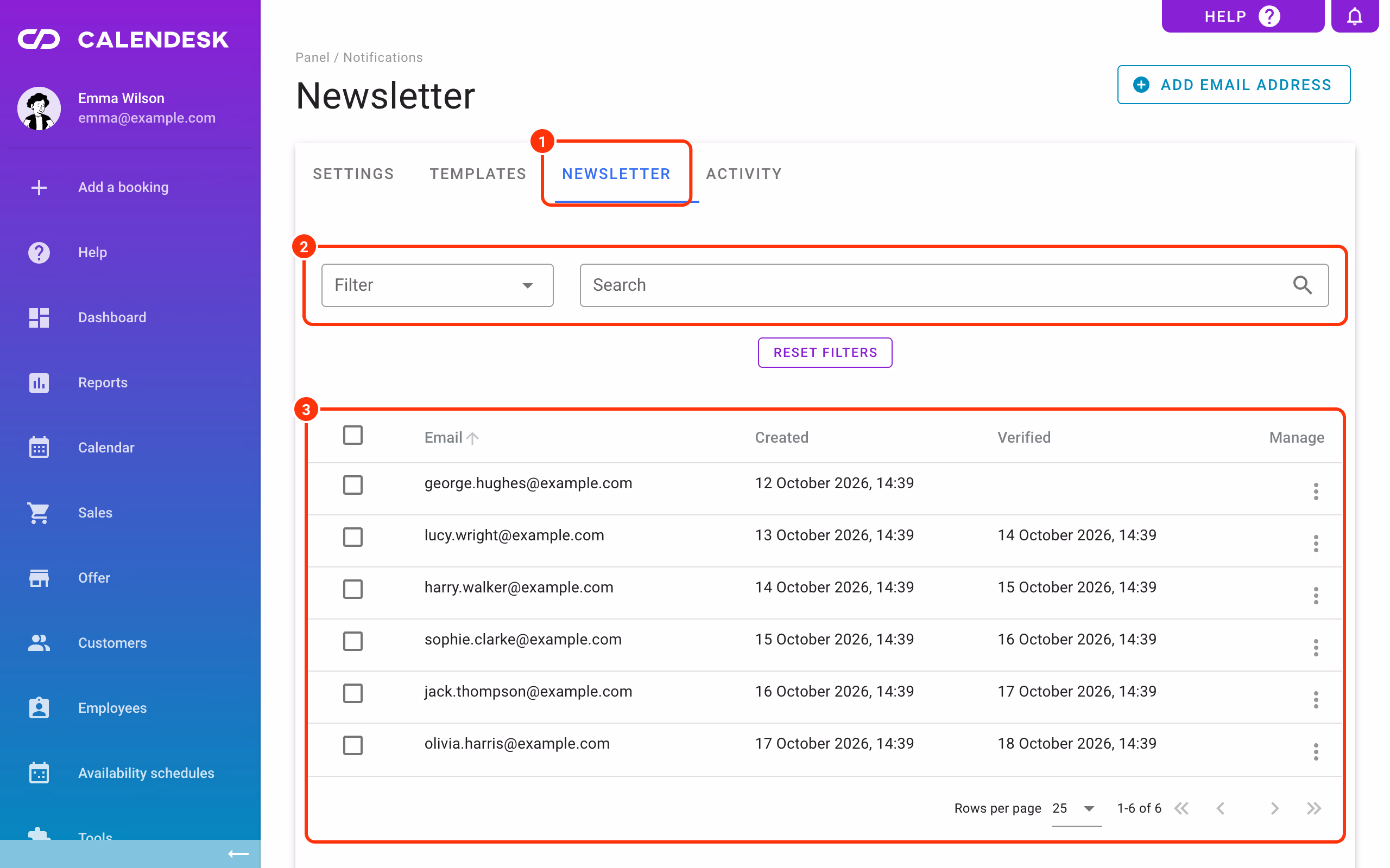 Notifications – Newsletter: filters and the subscriber list.