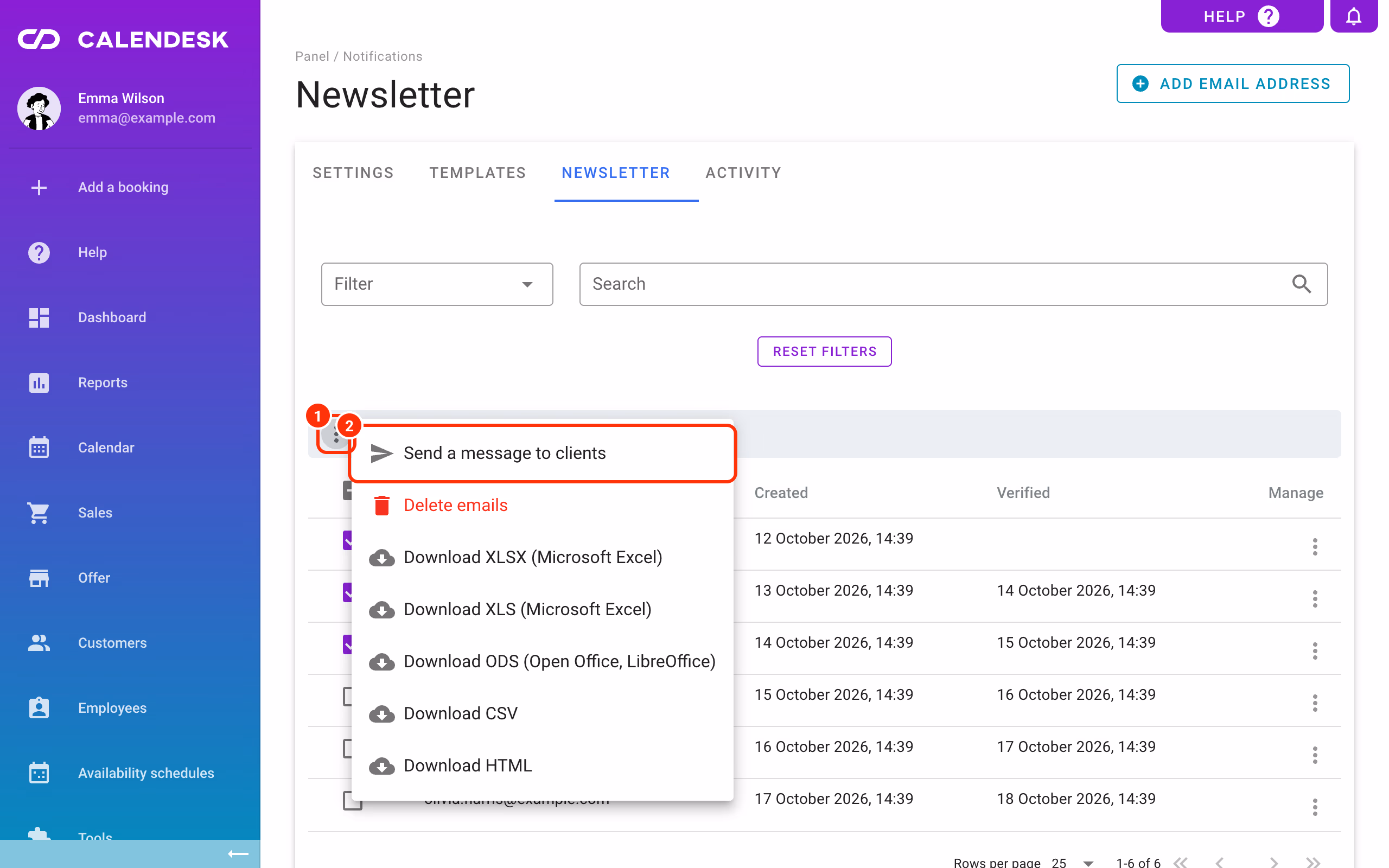 Newsletter: Send a message to clients for the selected people.