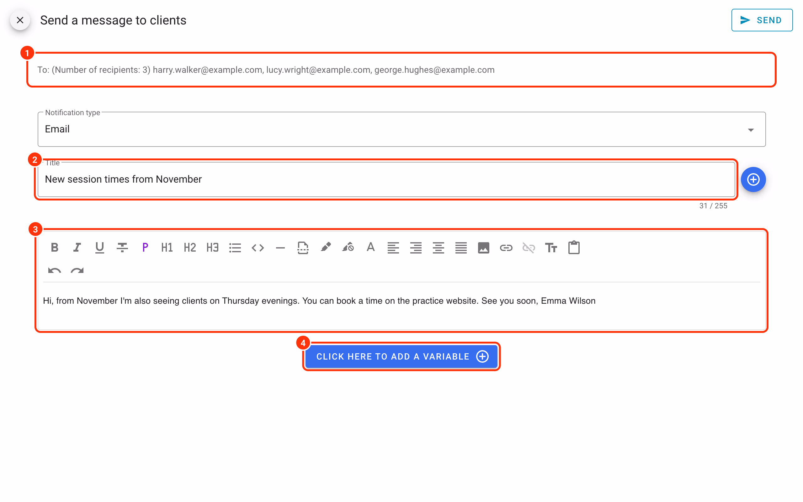 Message window: recipients, title, text and variables.