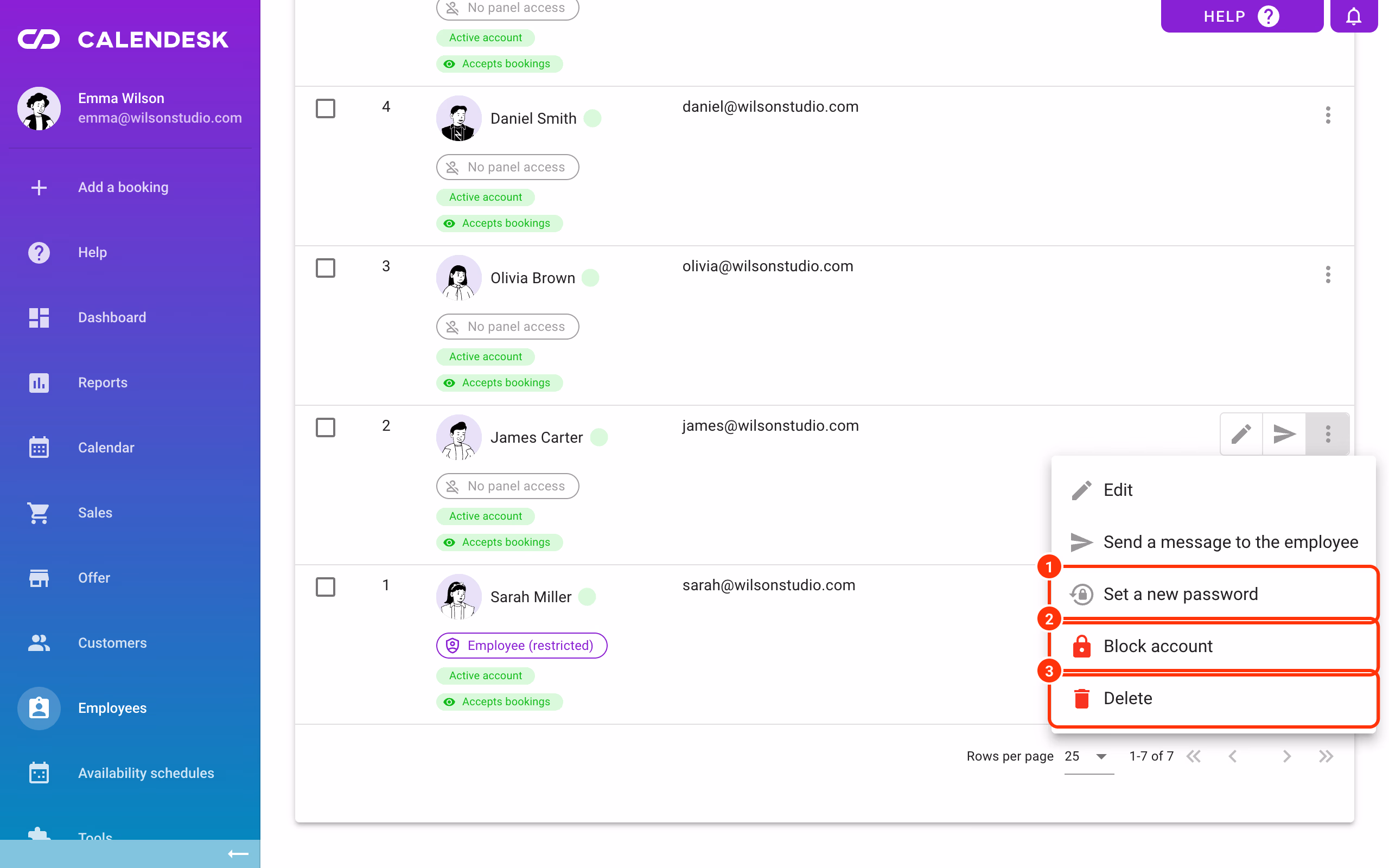 The Manage menu: Set a new password (1), Block account (2) and Delete (3).